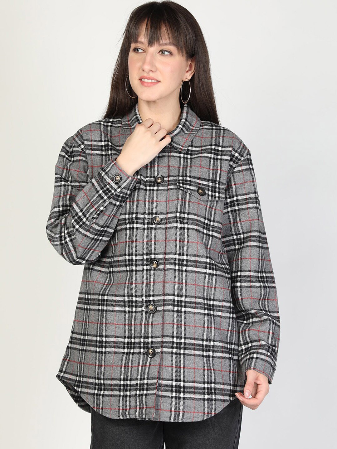 

HONNETE Women Checked Acrylic Shacket, Grey