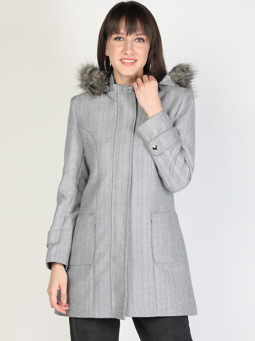 

HONNETE Women Single-Breasted Striped Longline Acrylic Hooded Duffle Coats, Grey