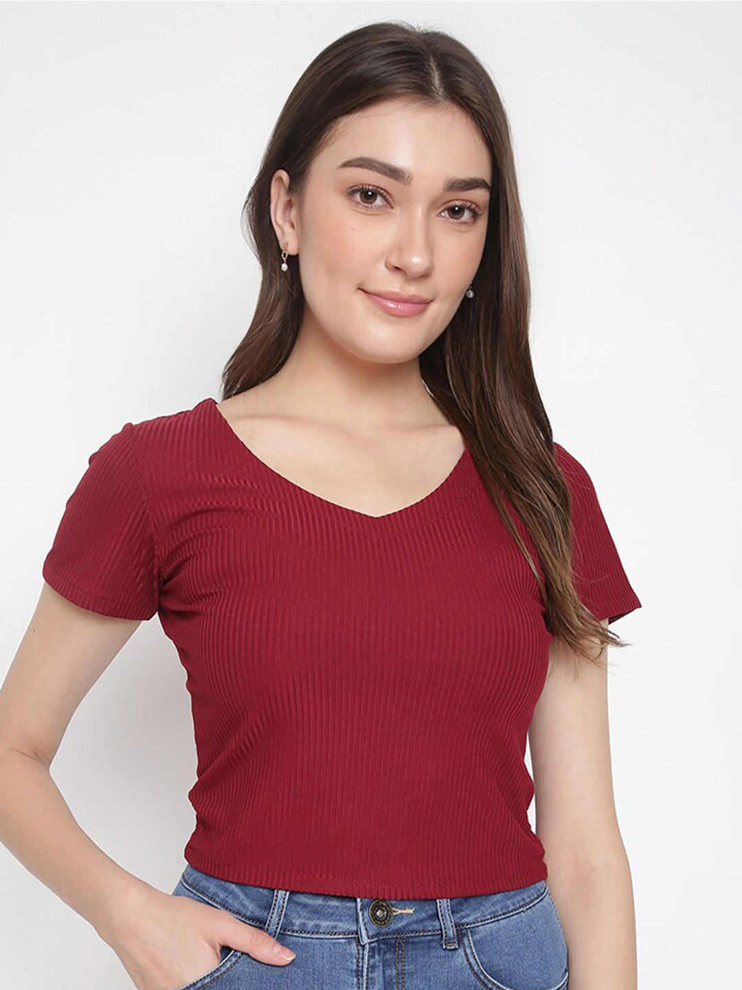 

DUDITI Women V-Neck Short Sleeve Cropped T-shirt, Maroon