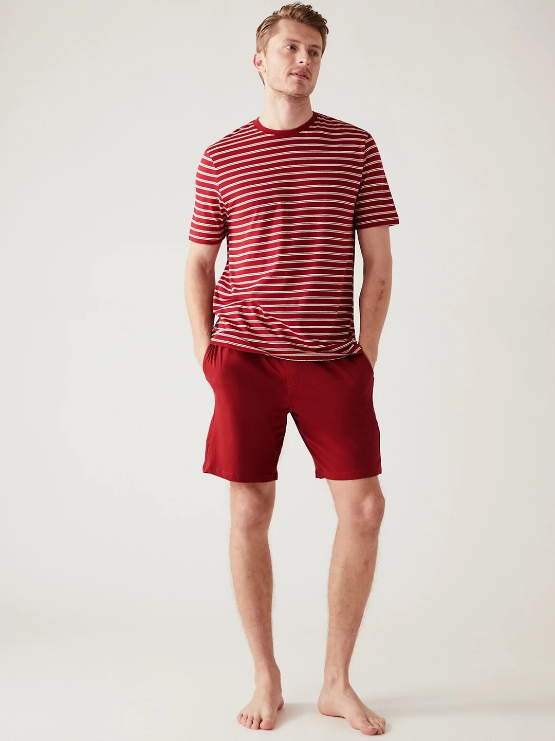 

Marks & Spencer Men 2 Pieces Striped Night suit, Red