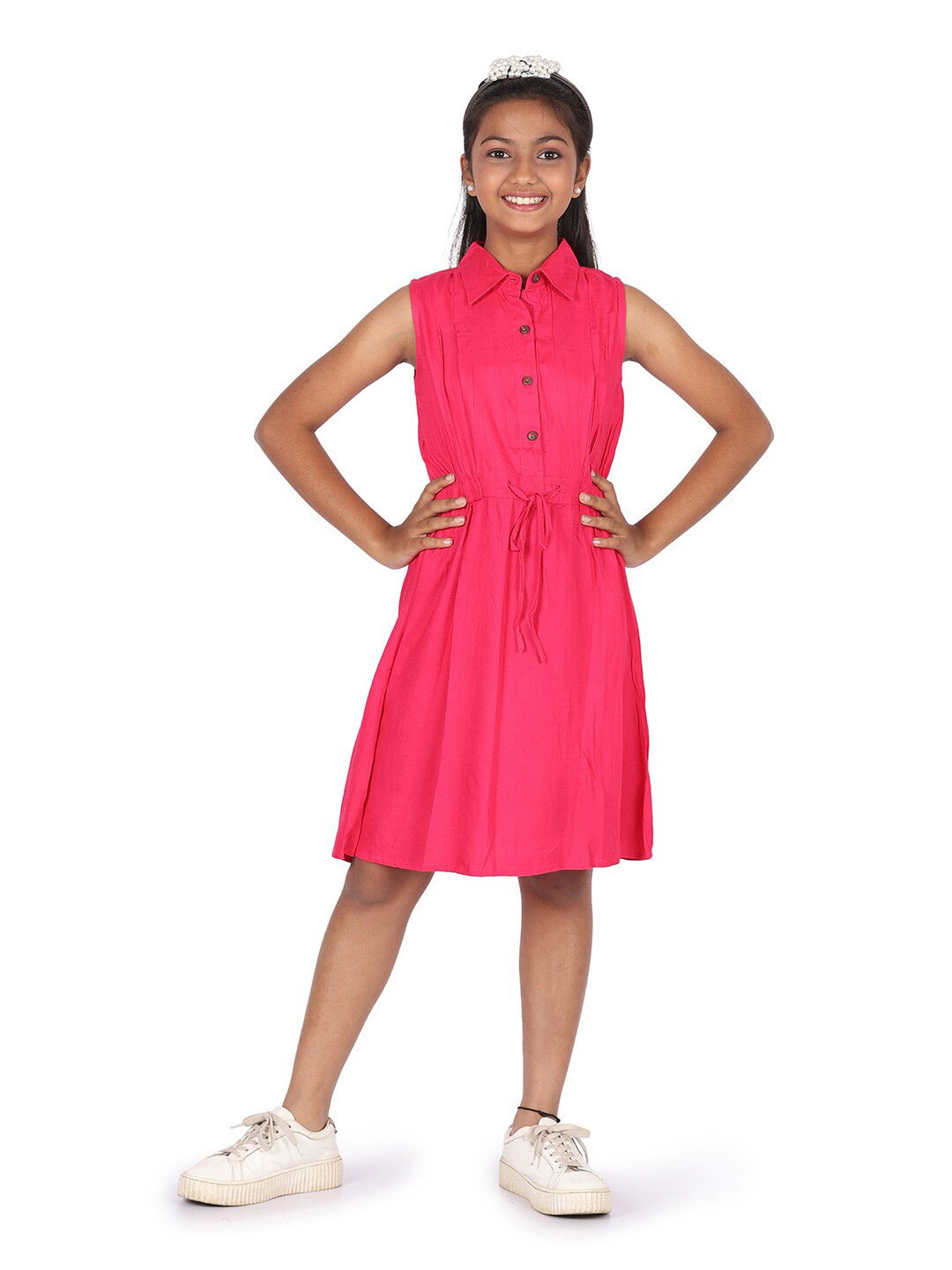 

Blooming flowers Sleeveless Shirt Collar Cotton Dress, Fuchsia