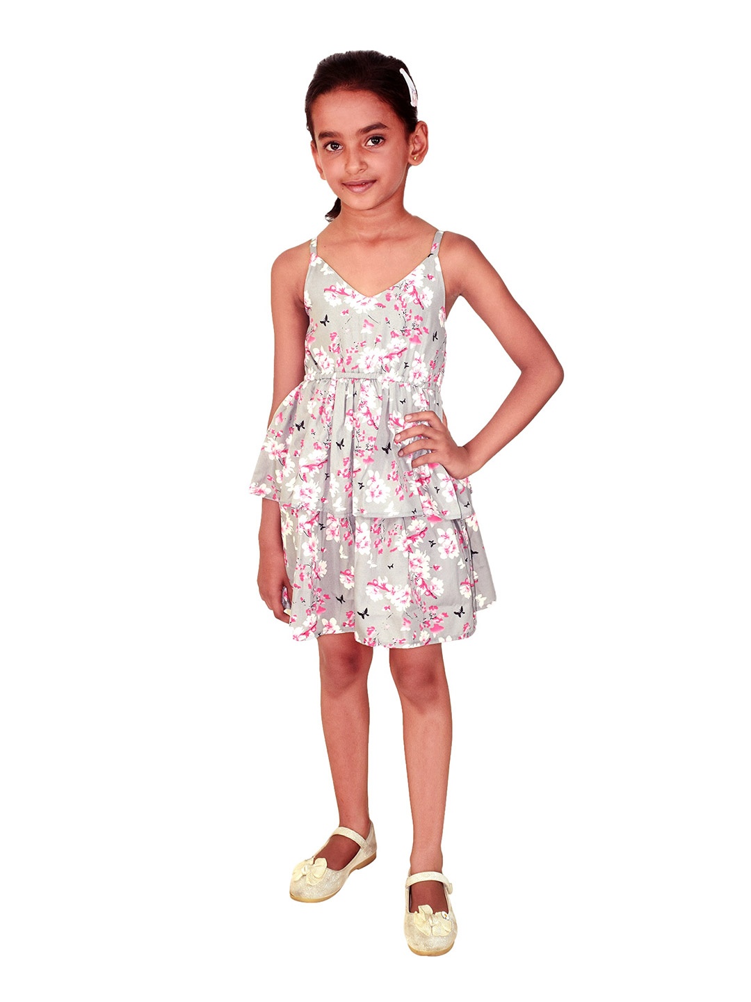

Blooming flowers Floral Printed Shoulder Strap Dress, Grey
