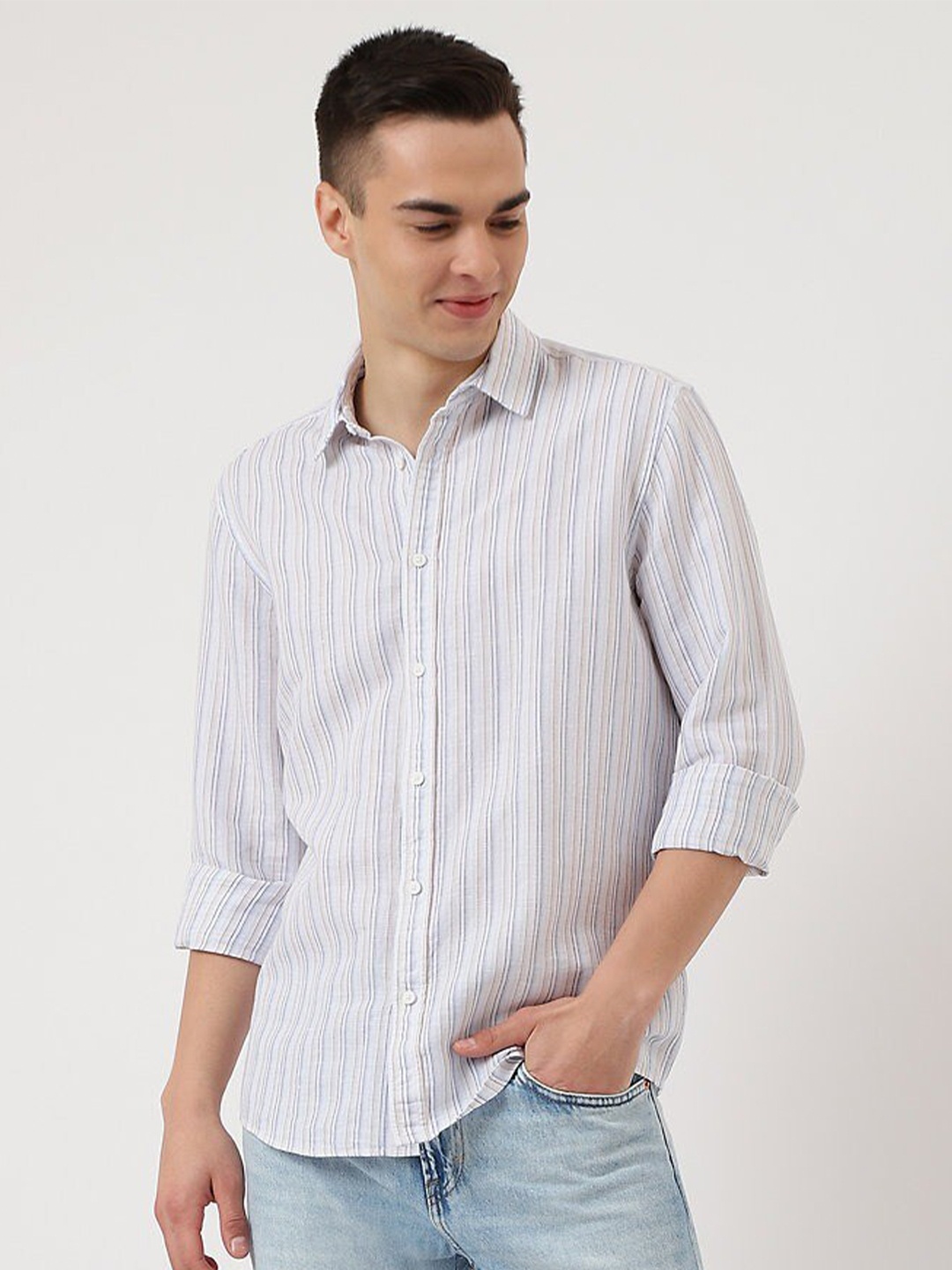 

Marks & Spencer Men Striped Casual Cotton Shirt, White