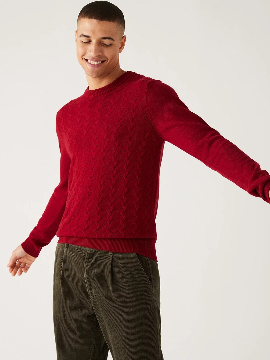 

Marks & Spencer Men Round Neck Cable Knit Pullover Sweater, Red