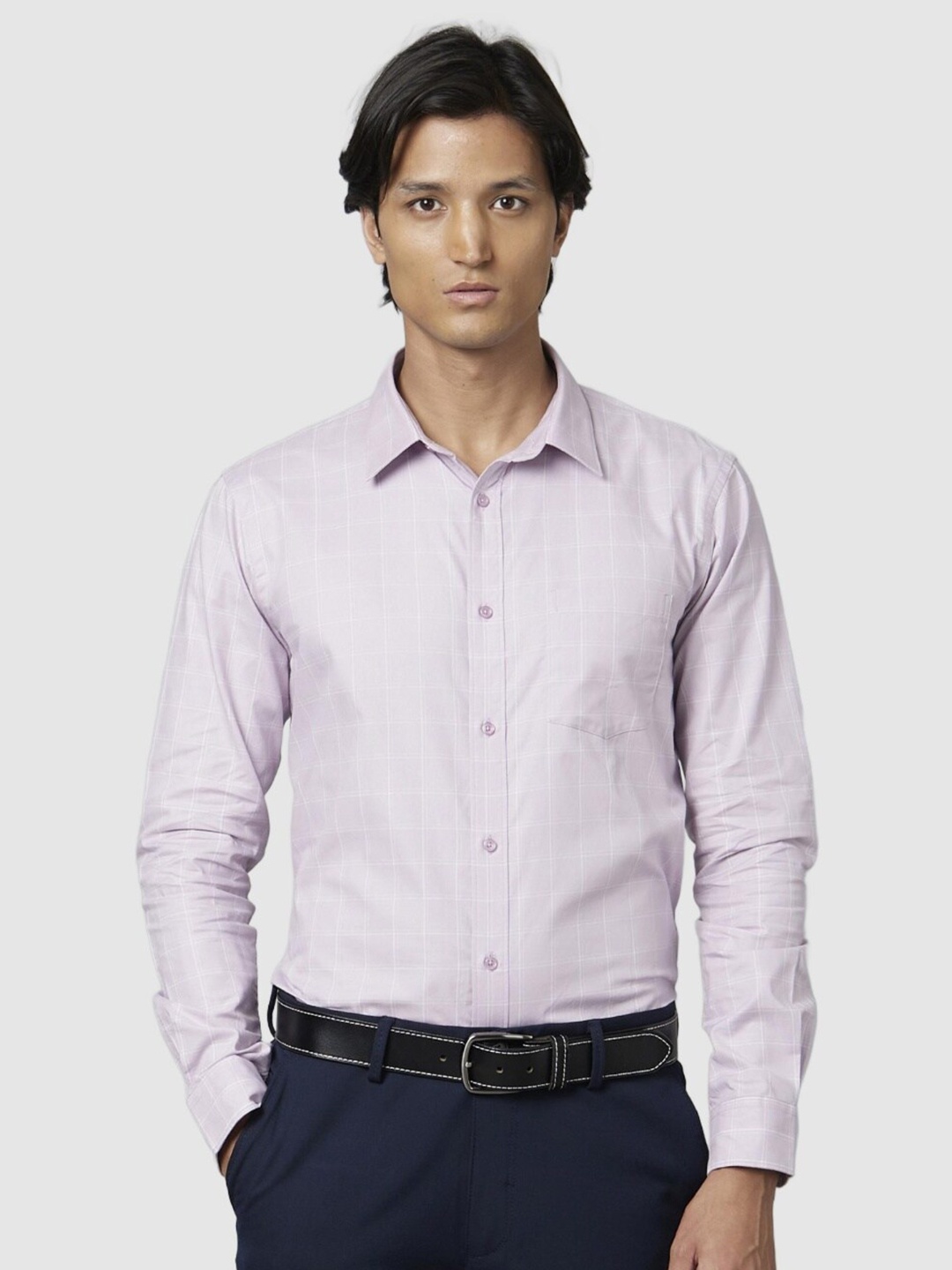 

Celio Men Classic Windowpane Checked Cotton Formal Shirt, Lavender