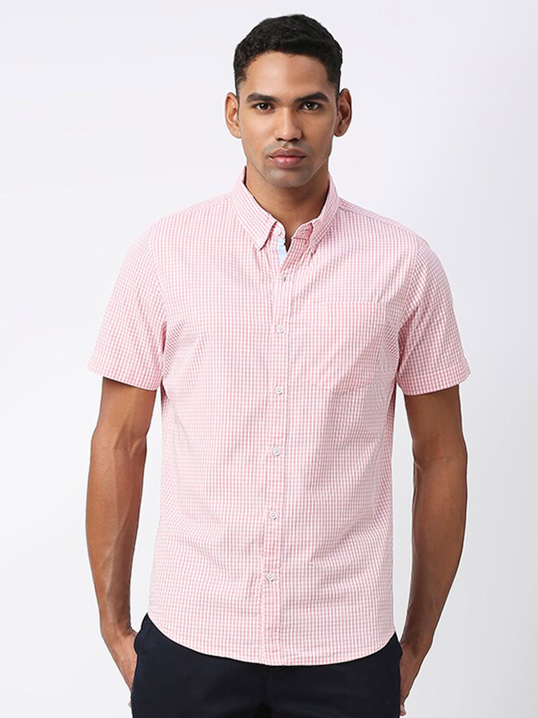 

Thomas Scott Men Pink Modern Slim Fit Micro Checks Striped Casual Shirt