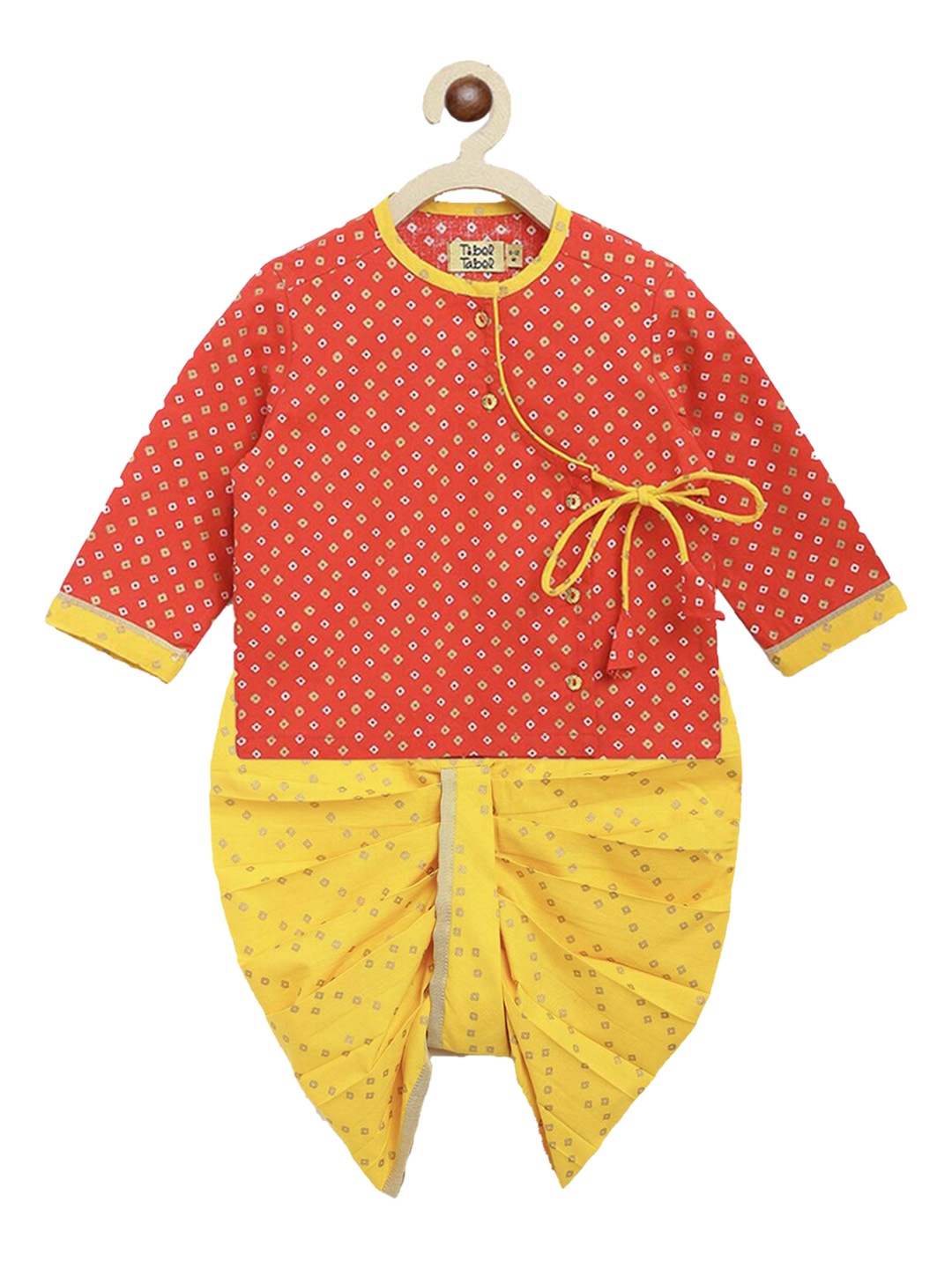 

Tiber Taber Infant Boys Bandhani Printed Angrakha Pure Cotton Kurta with Dhoti Pants, Orange