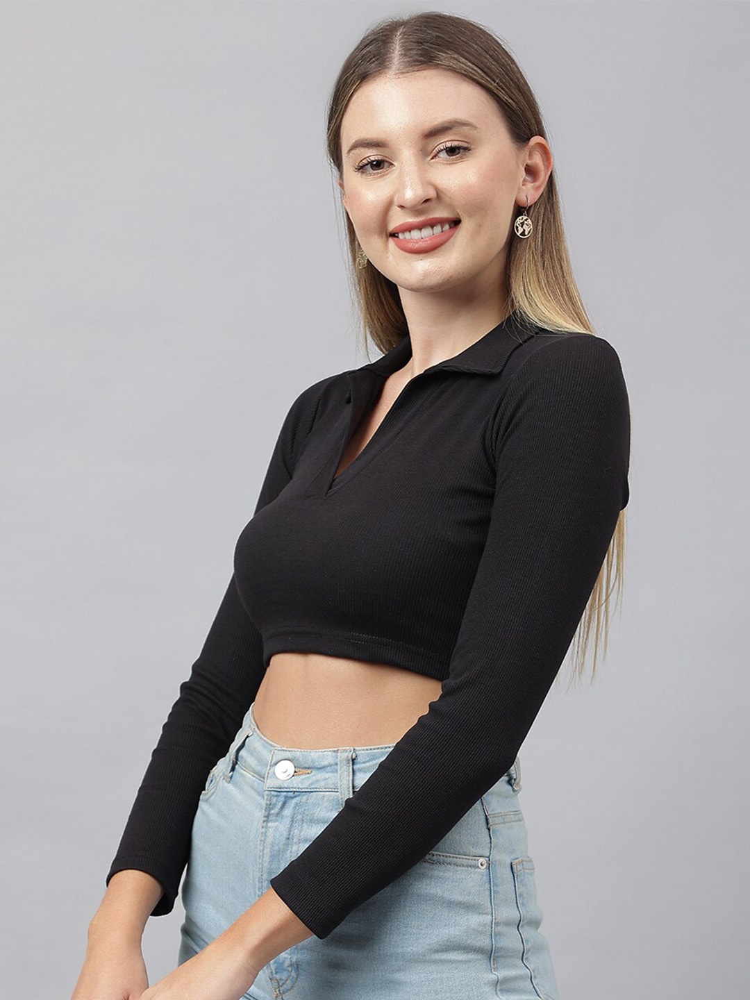 

COLOR CAPITAL Shirt Collar Crop Top, Black