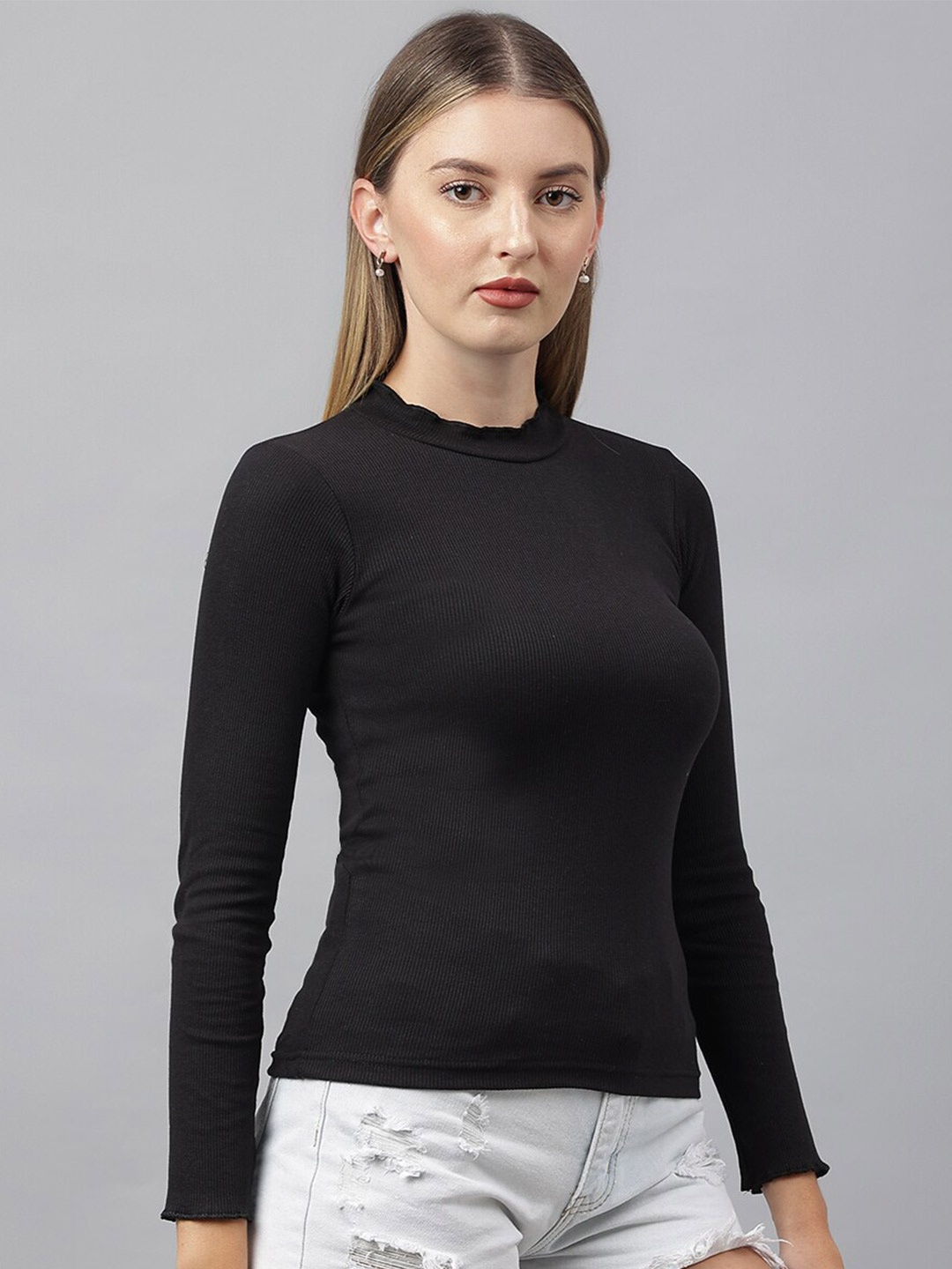 COLOR CAPITAL High Neck Fitted Top, Black