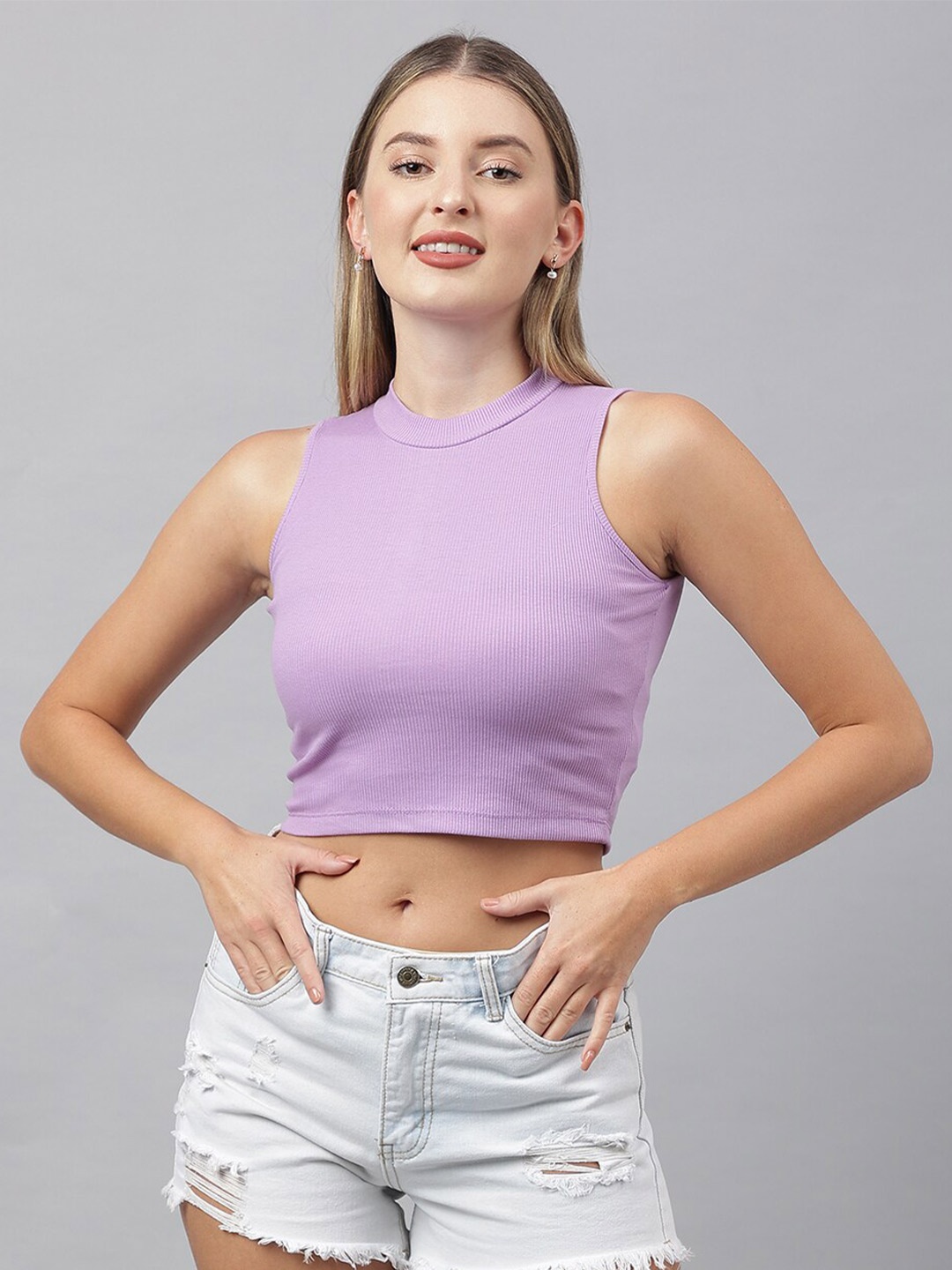 

COLOR CAPITAL Round Neck Fitted Crop Top, Lavender