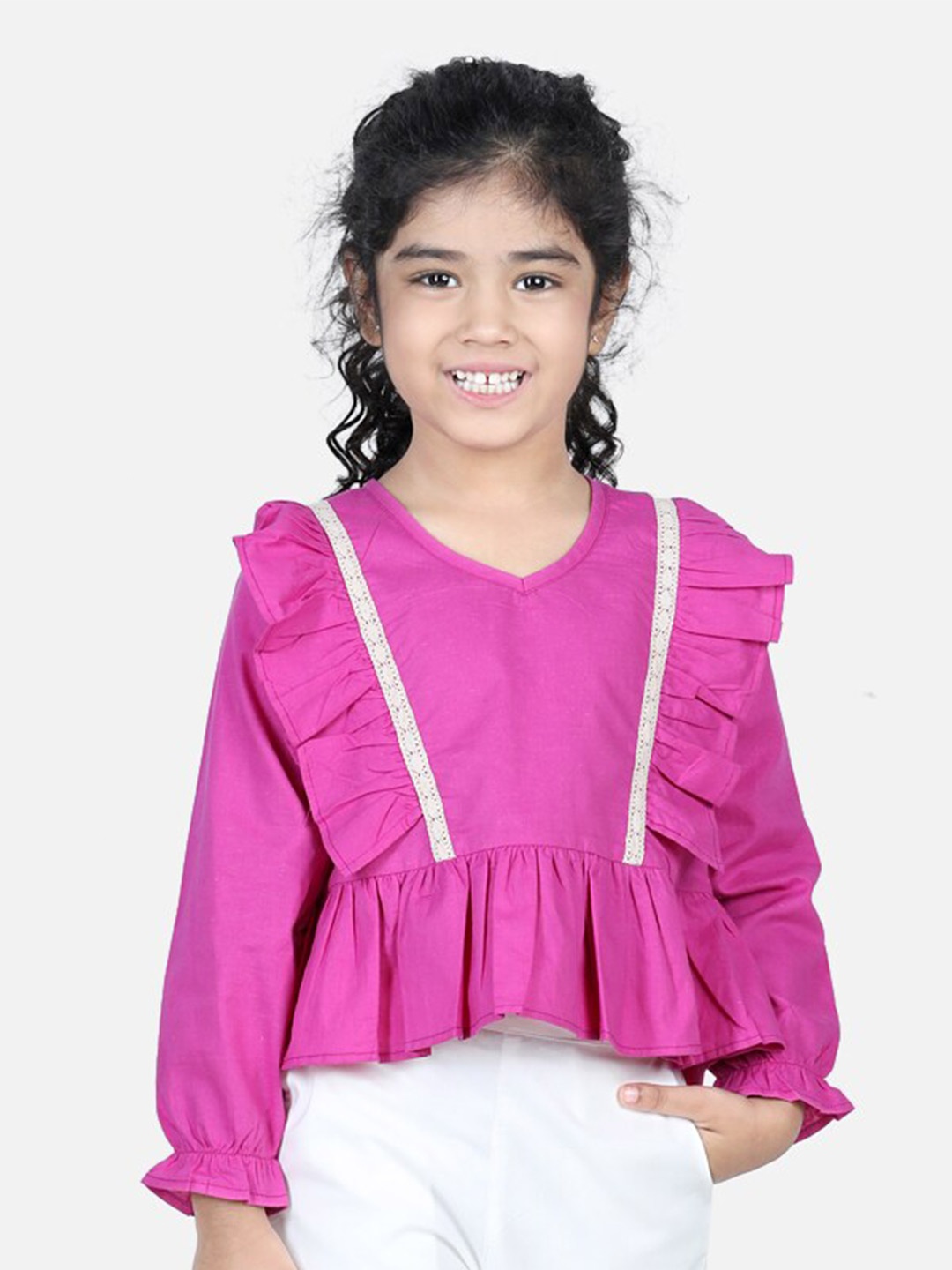 

AWW HUNNIE Girls Round Neck Pure Cotton Ruffles Peplum Top, Magenta