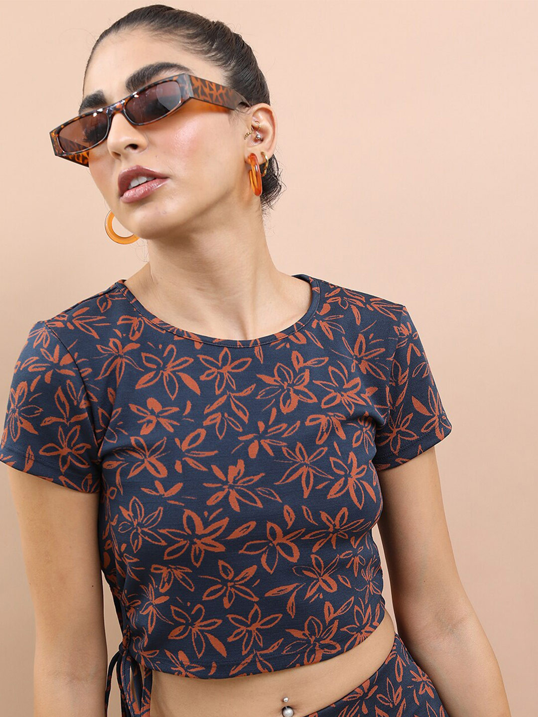 

Tokyo Talkies Floral Print Jacquard Crop Top, Navy blue