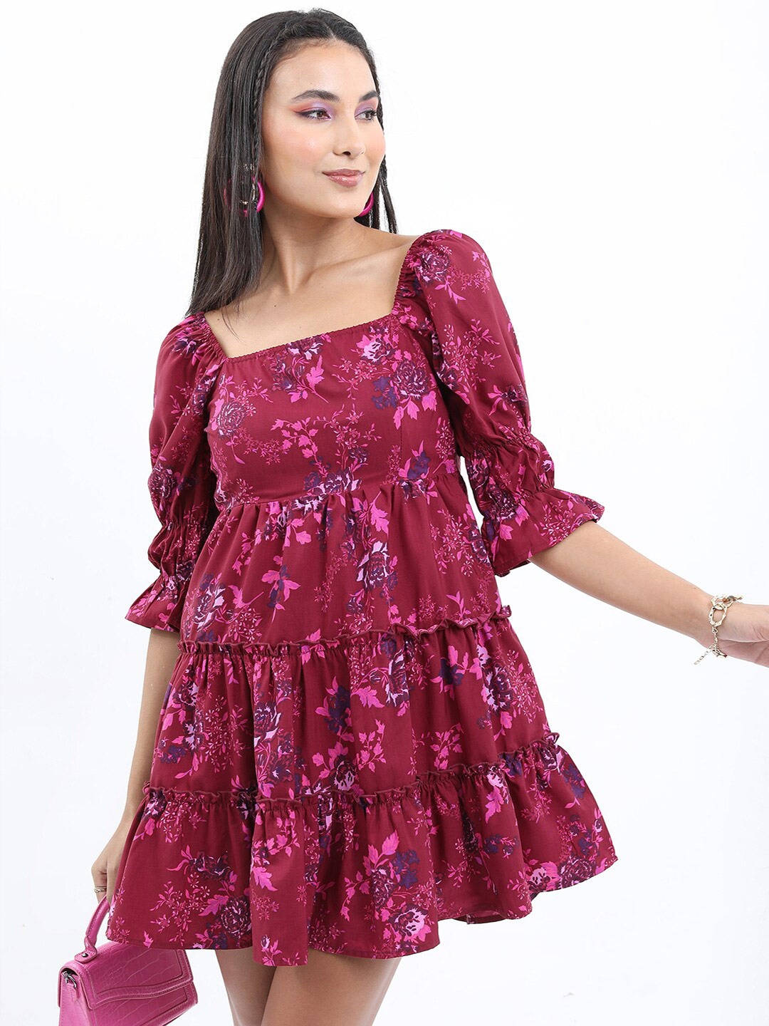 

Tokyo Talkies Floral Printed Square Neck Fit And Flare Mini Dress, Violet