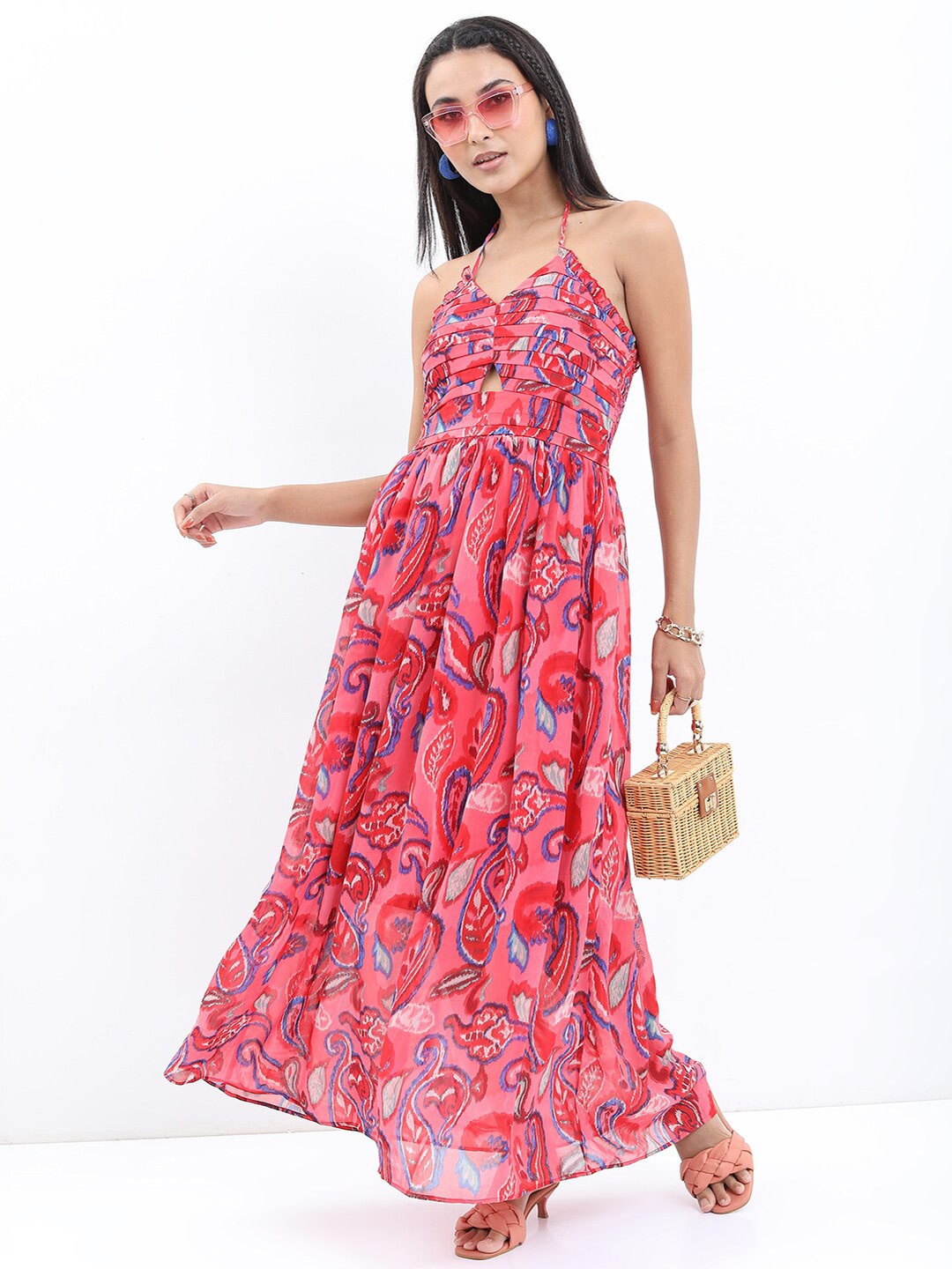 

Tokyo Talkies Ethnic Motifs Printed Halter Neck Maxi Dress, Pink