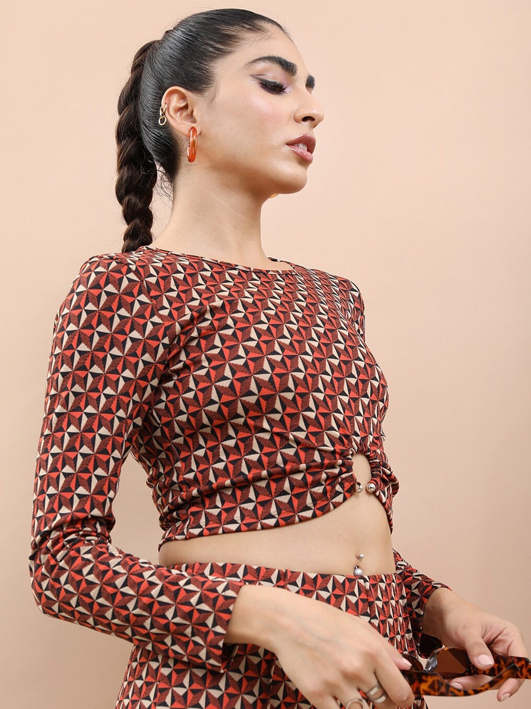 

Tokyo Talkies Geometric Print Crop Top, Rust