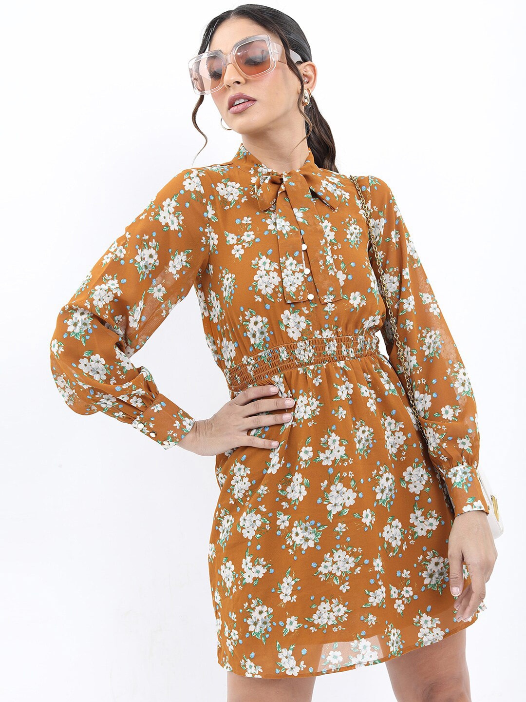 

Tokyo Talkies Floral Printed Tie-Up Neck A-Line Dress, Mustard
