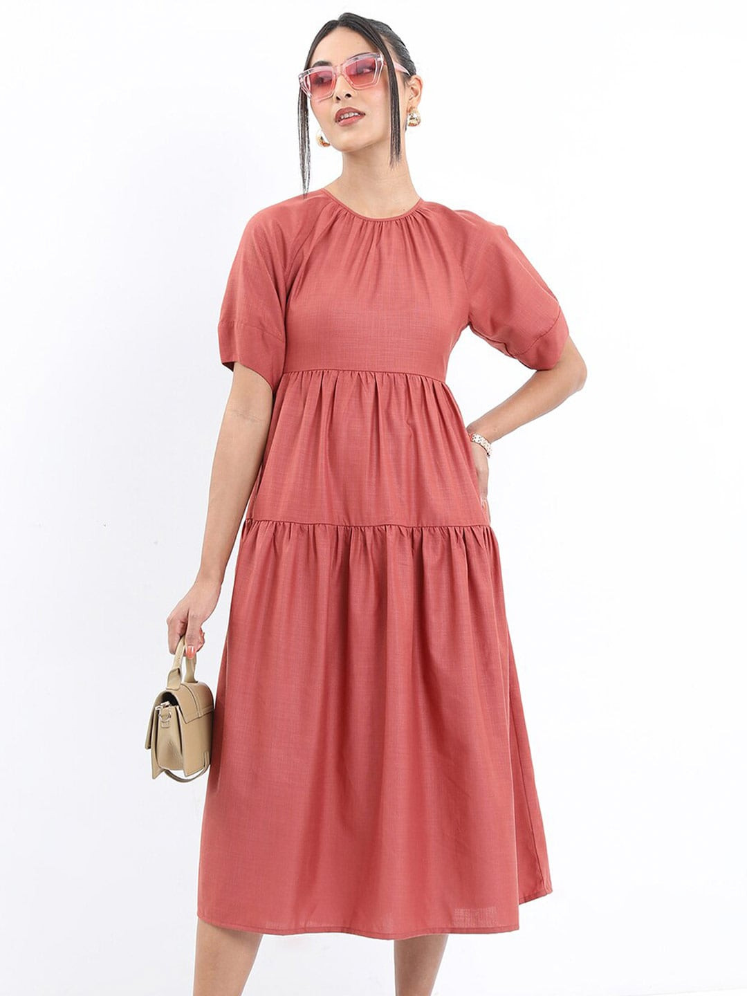 

Tokyo Talkies Round Neck Fit And Flare Midi Dress, Rust