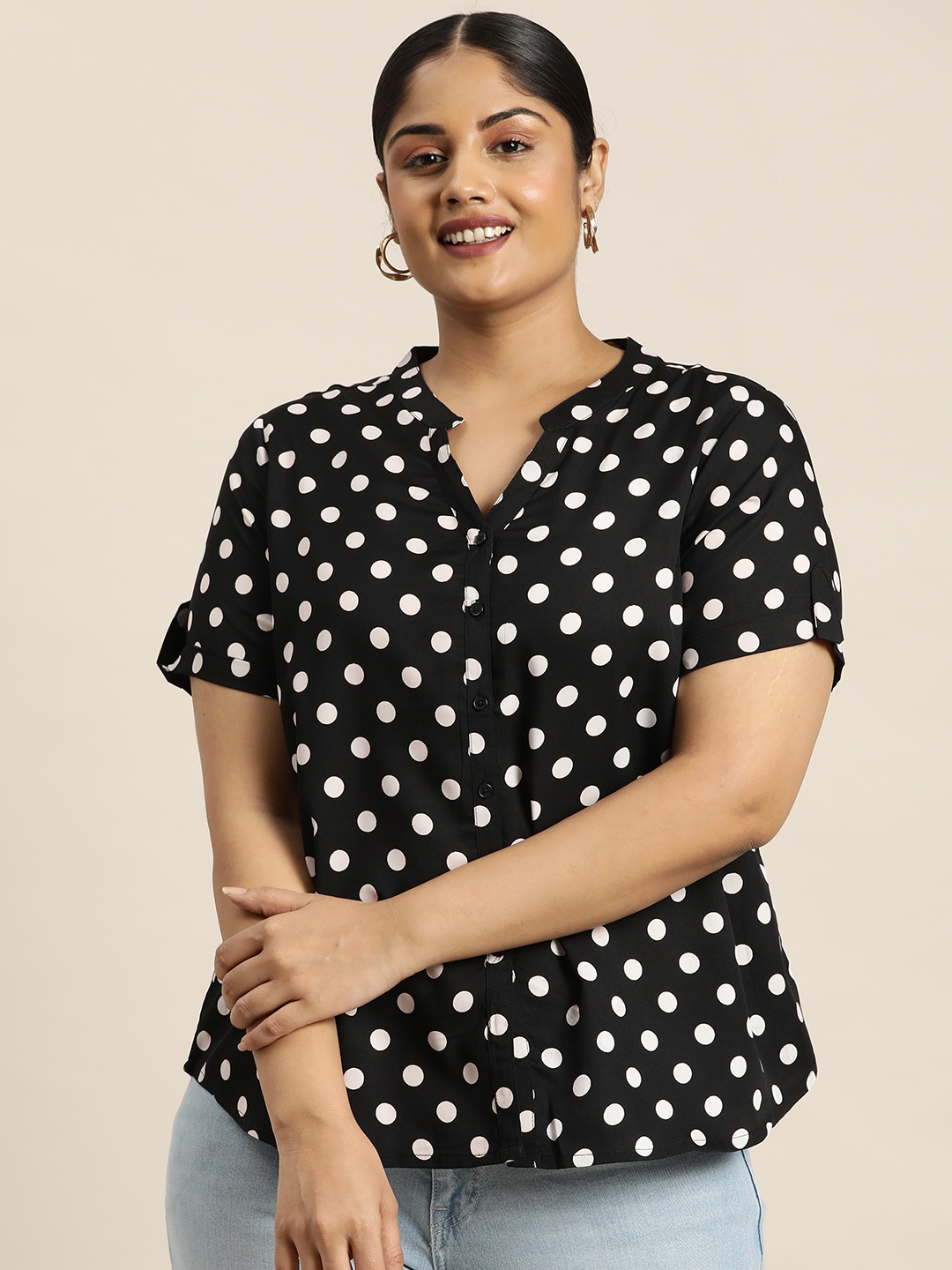 

Sztori Plus Size Polka Dots Print Shirt Style Top, Black