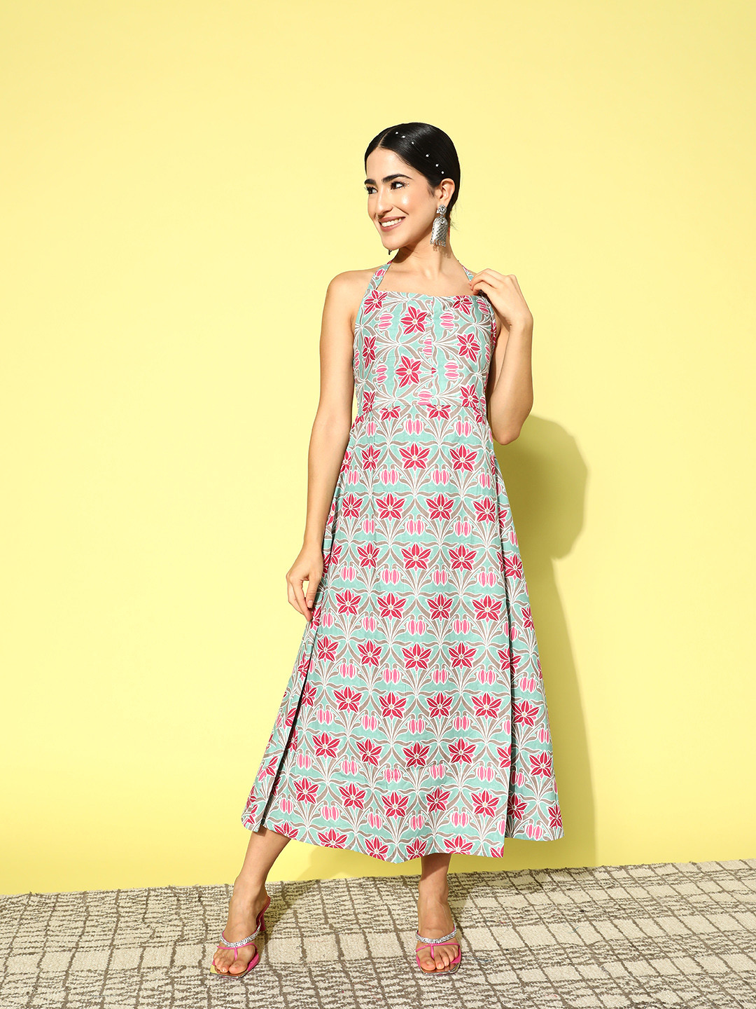 

HERE&NOW Ocean Blue Heritage Revived Pure Cotton Ethnic Motifs Printed A-Line Maxi Dress