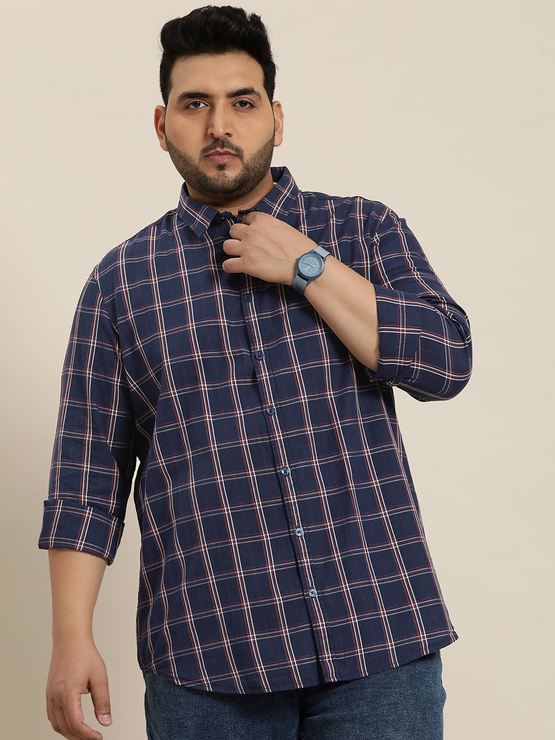 

Sztori Plus Size Checked Pure Cotton Casual Shirt, Navy blue