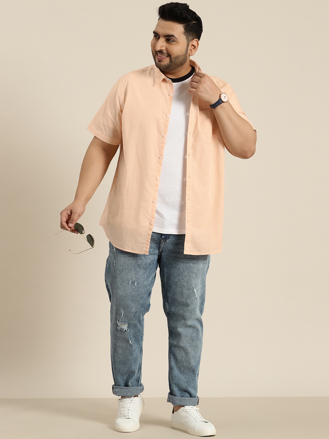 

Sztori Men Plus Size Pure Cotton Short Sleeves Solid Casual Shirt, Peach