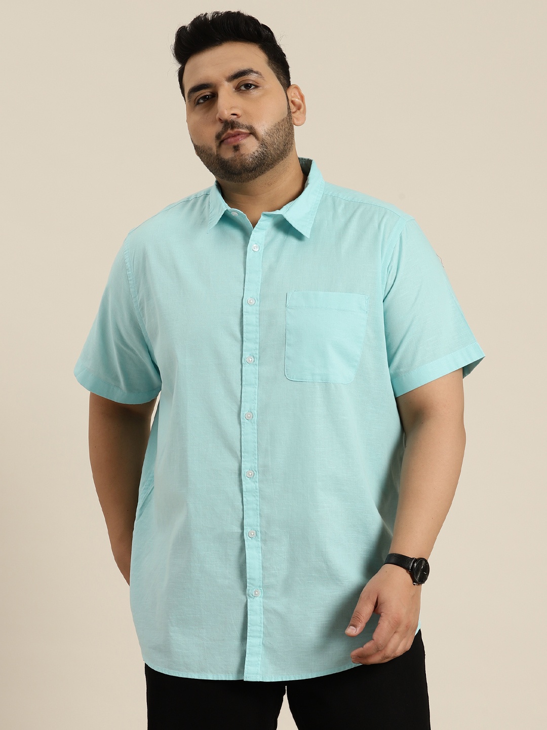

Sztori Men Plus Size Pure Cotton Short Sleeves Solid Casual Shirt, Sea green