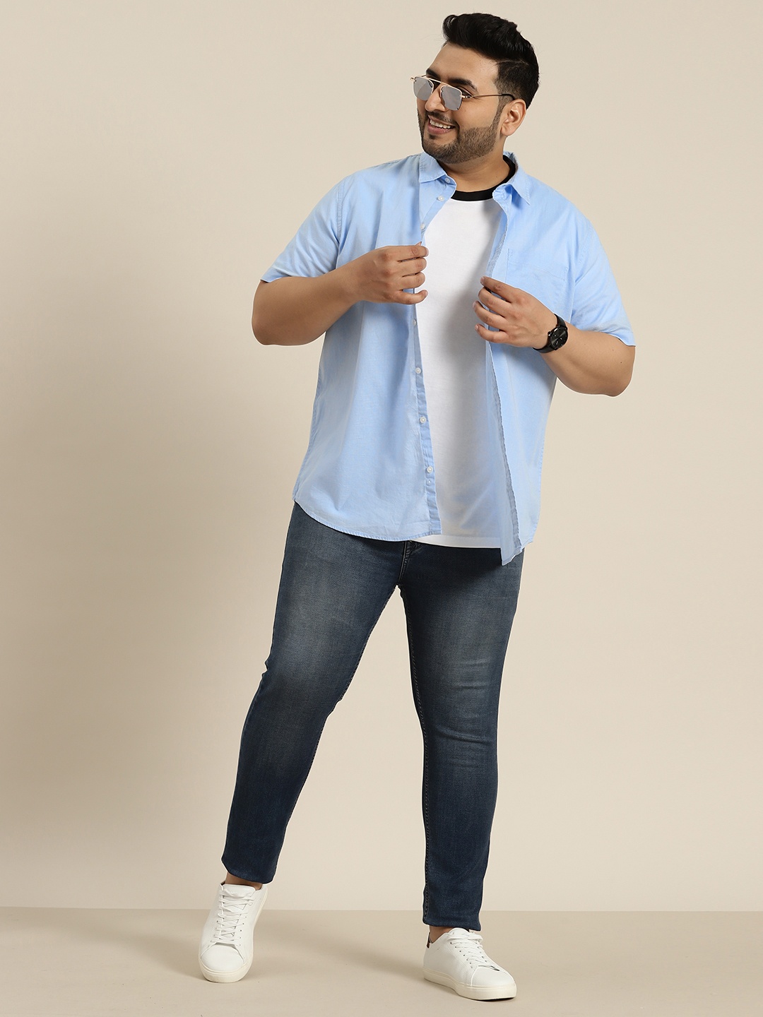 

Sztori Men Plus Size Pure Cotton Short Sleeves Solid Casual Shirt, Blue