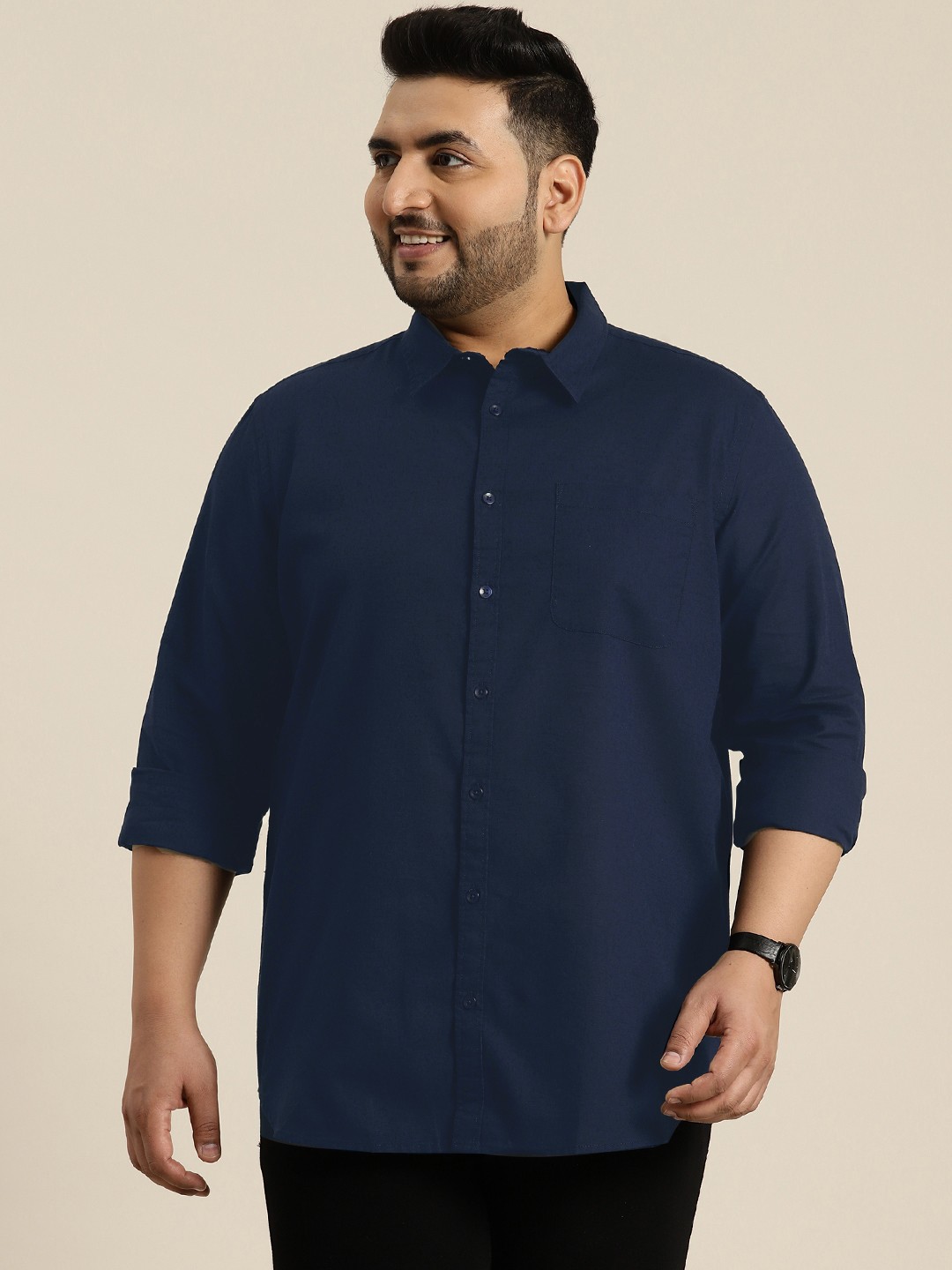 

Sztori Men Plus Size Pure Cotton Solid Casual Shirt, Navy blue