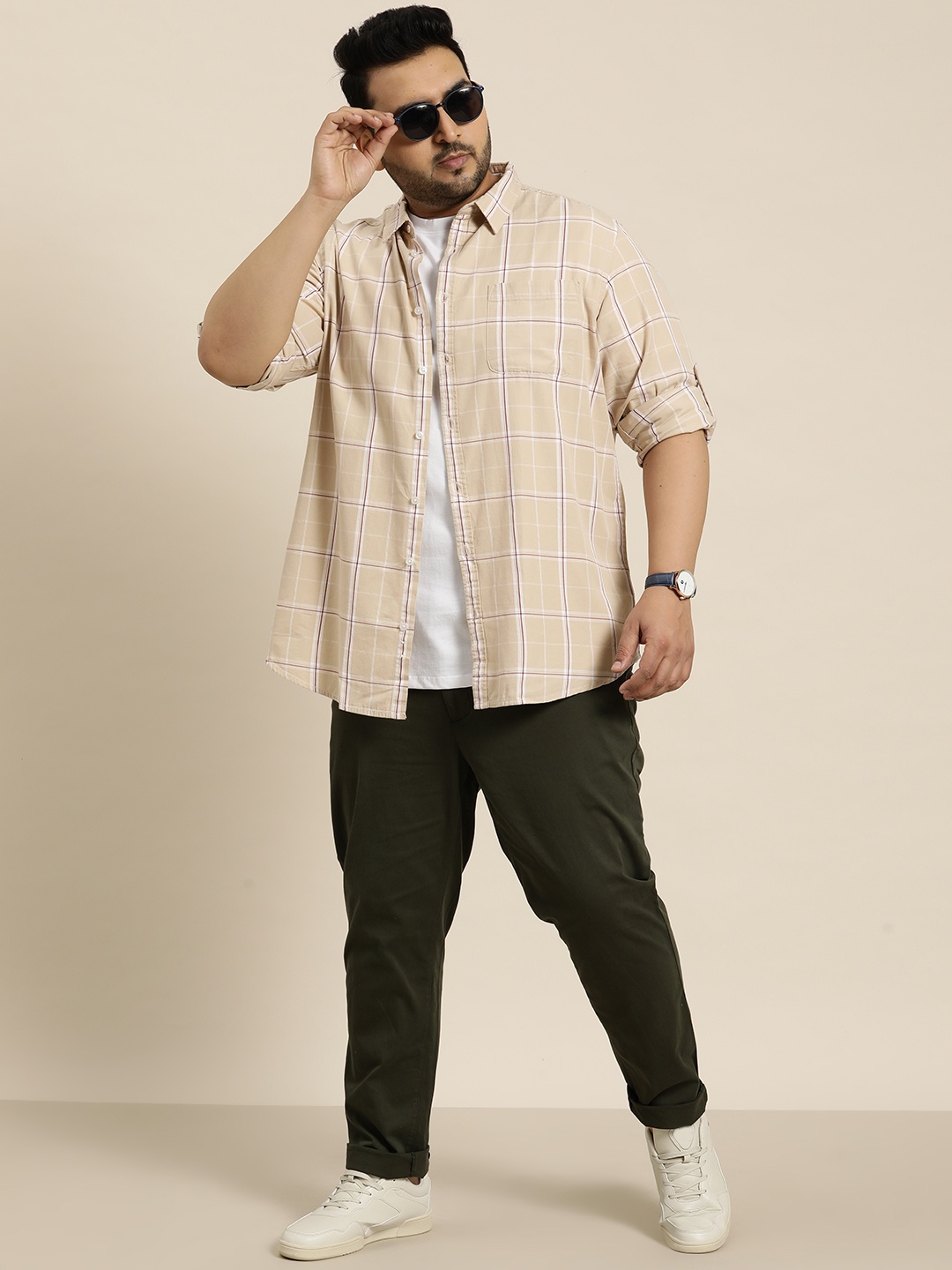 

Sztori Plus Size Pure Cotton Checked Casual Shirt, Beige