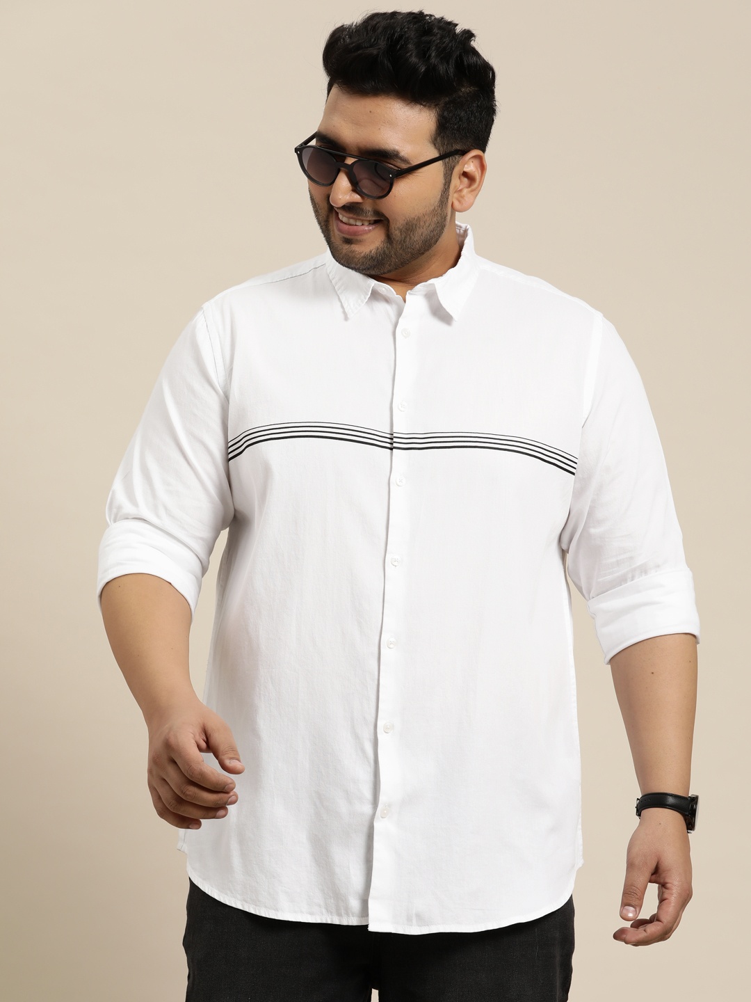 

Sztori Plus Size Pure Cotton Striped Casual Shirt, White