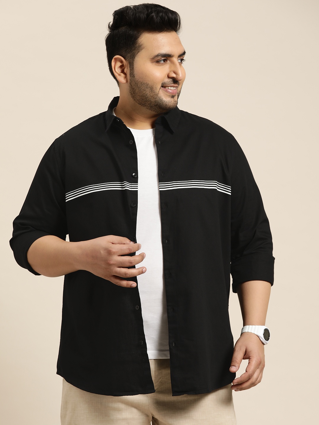 

Sztori Plus Size Horizontal Striped Casual Shirt, Black