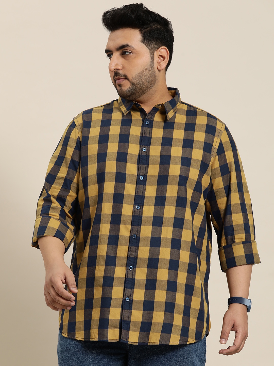 

Sztori Plus Size Checked Pure Cotton Casual Shirt, Mustard