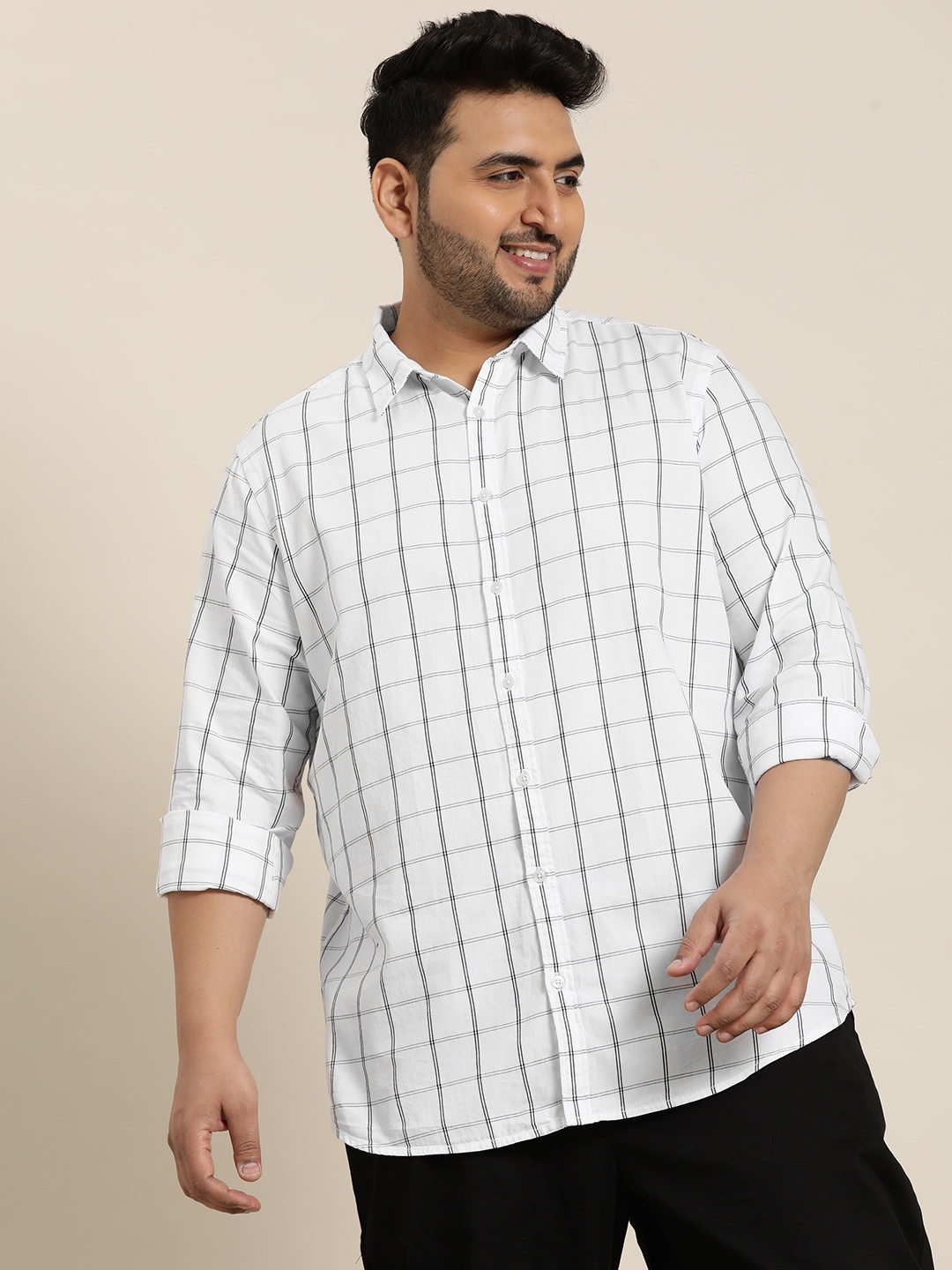 

Sztori Plus Size Checked Pure Cotton Casual Shirt, White