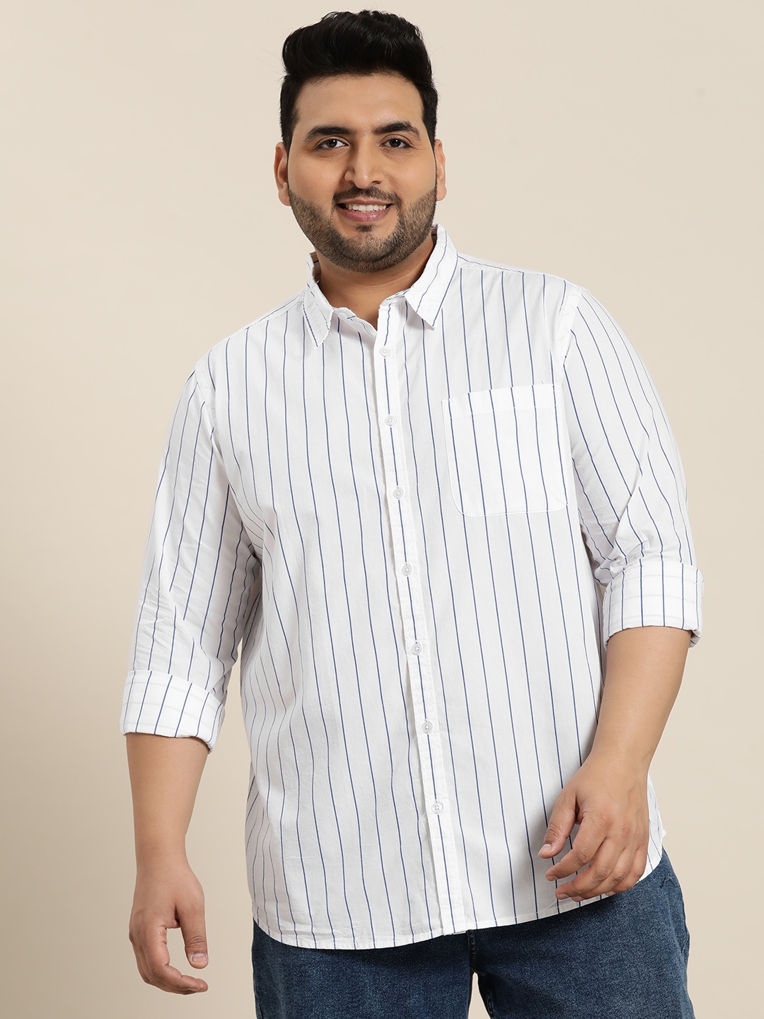 

Sztori Plus Size Striped Pure Cotton Casual Shirt, White