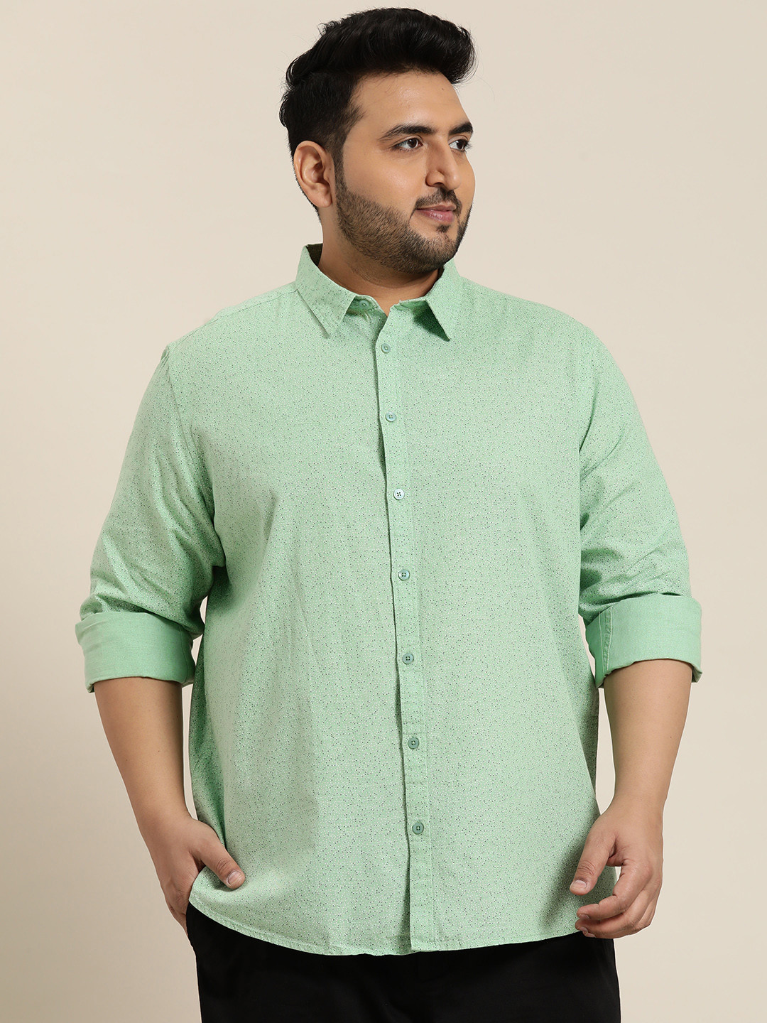 

Sztori Plus Size Opaque Printed Pure Cotton Casual Shirt, Green