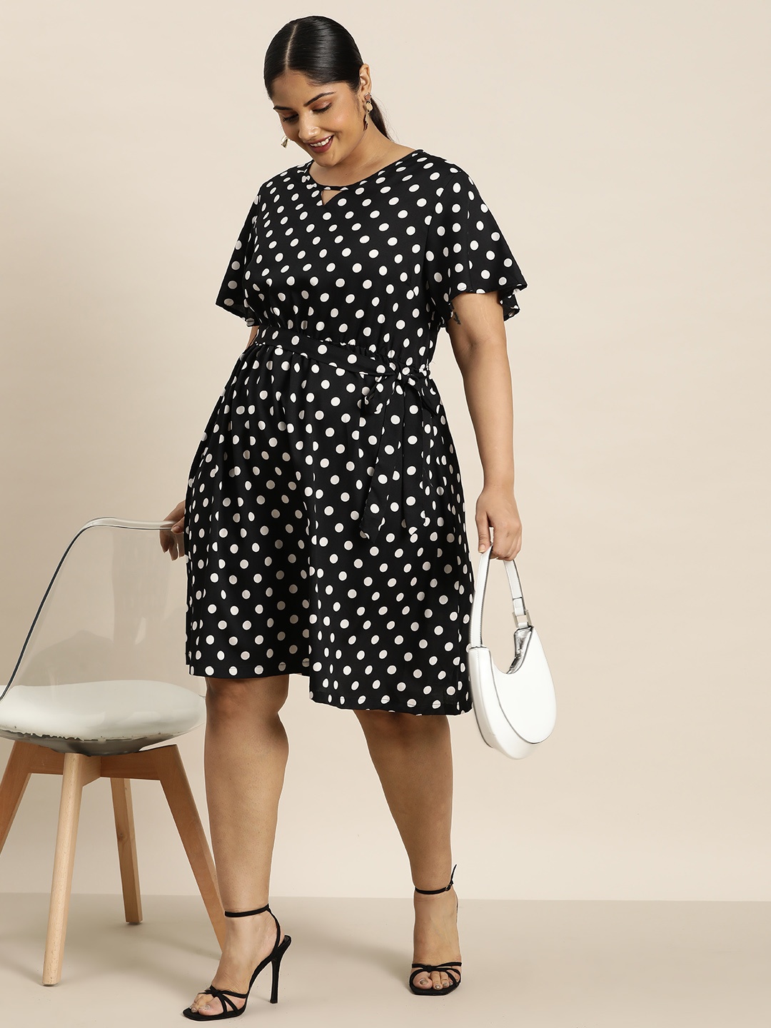 

Sztori Plus Size Polka Dot Print Keyhole Neck A-Line Dress with Belt, Black