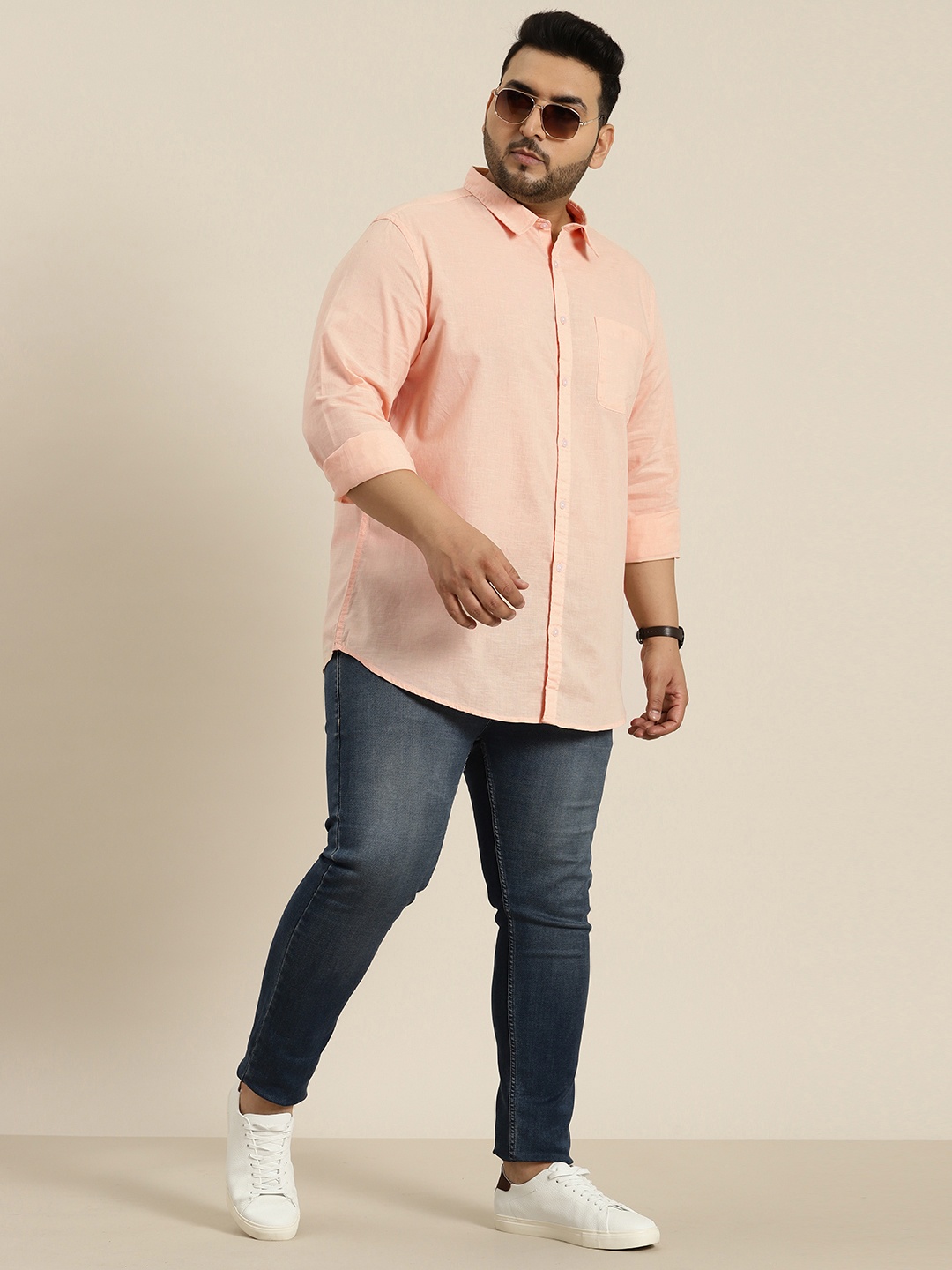 

Sztori Men Plus Size Pure Cotton Solid Casual Shirt, Peach