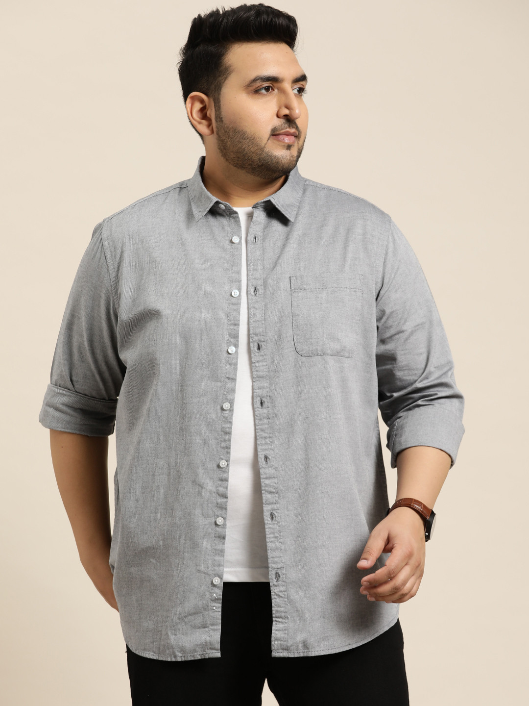 

Sztori Plus Size Pure Cotton Opaque Casual Shirt, Grey