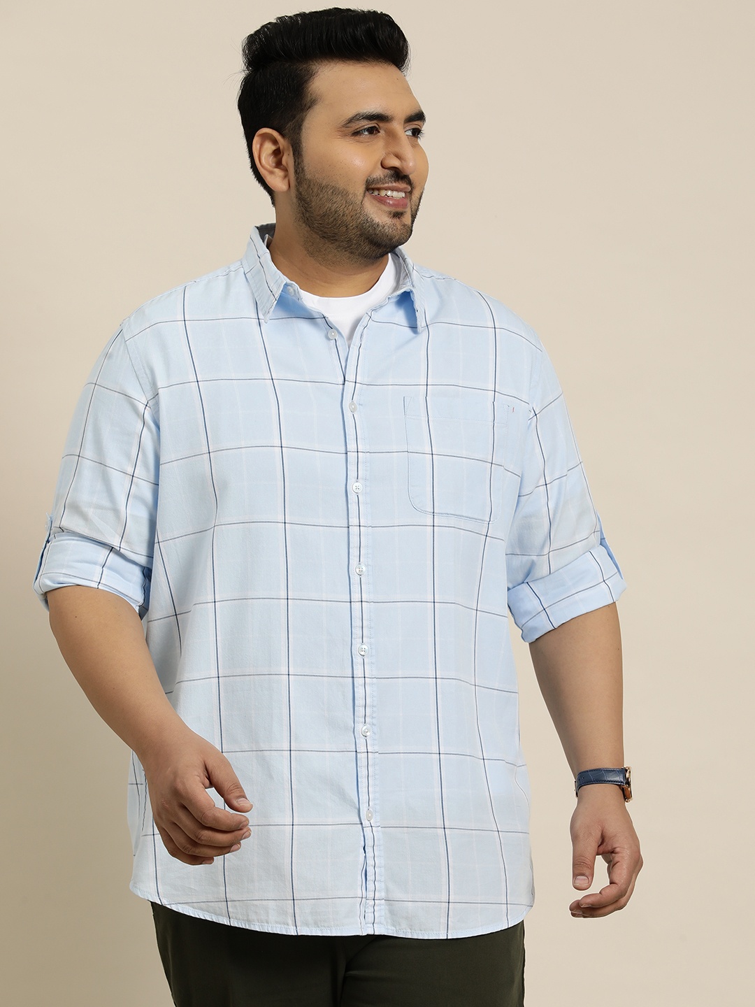 

Sztori Plus Size Pure Cotton Checked Casual Shirt, Blue