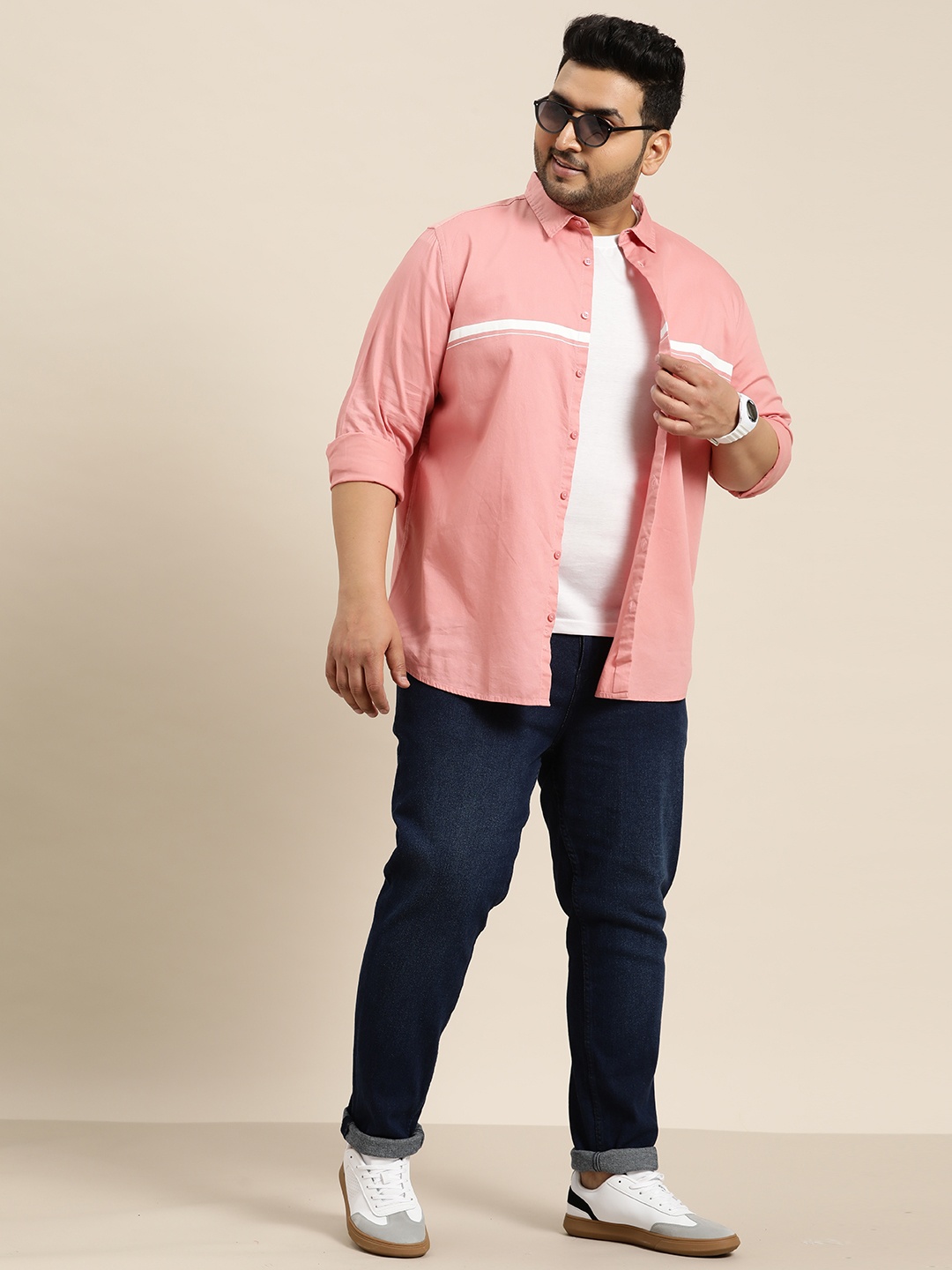 

Sztori Plus Size Pure Striped Cotton Opaque Casual Shirt, Peach