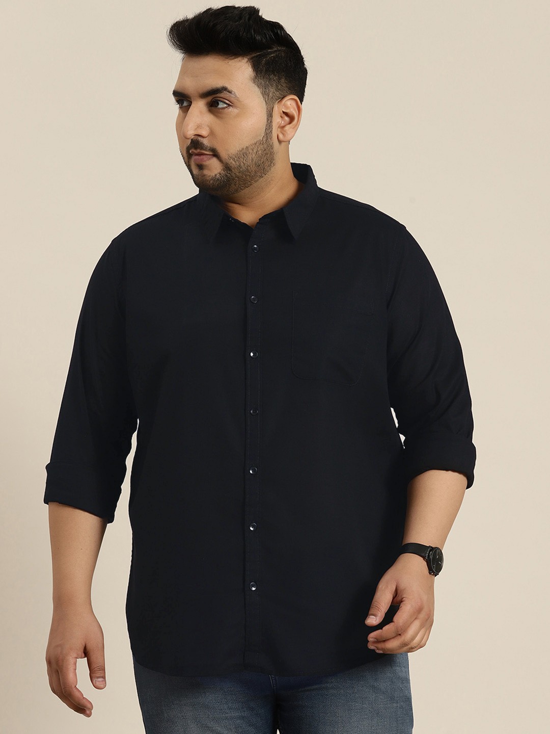 

Sztori Men Plus Size Pure Cotton Solid Casual Shirt, Black