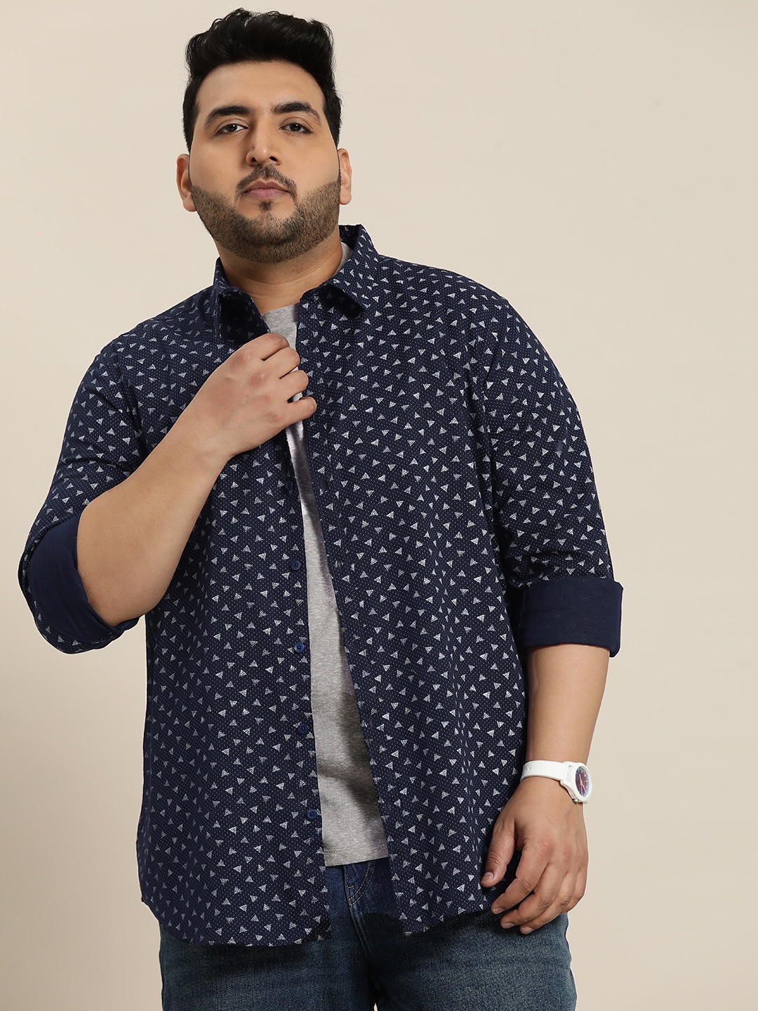 

Sztori Men Plus Size Pure Cotton Printed Casual Shirt, Navy blue
