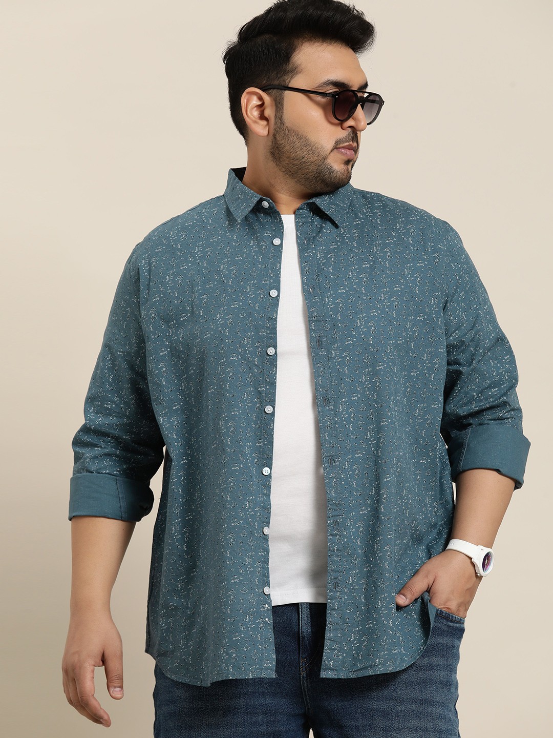 

Sztori Men Plus Size Pure Cotton Printed Casual Shirt, Blue