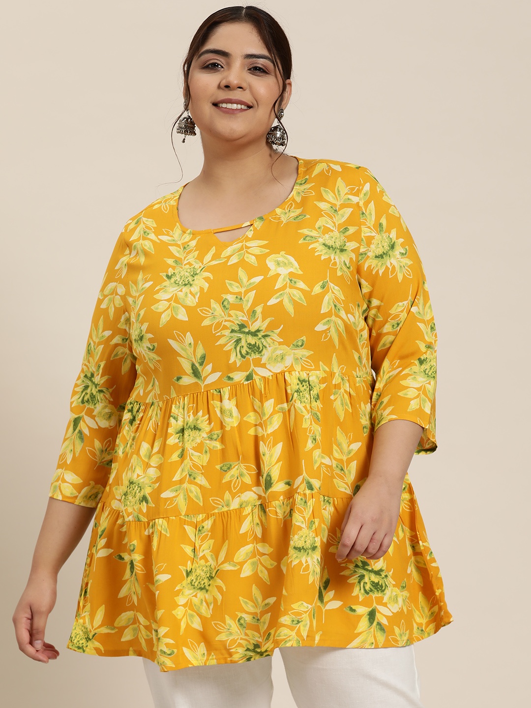 

Sztori Plus Size Floral Printed Tiered A-Line Tunic, Yellow