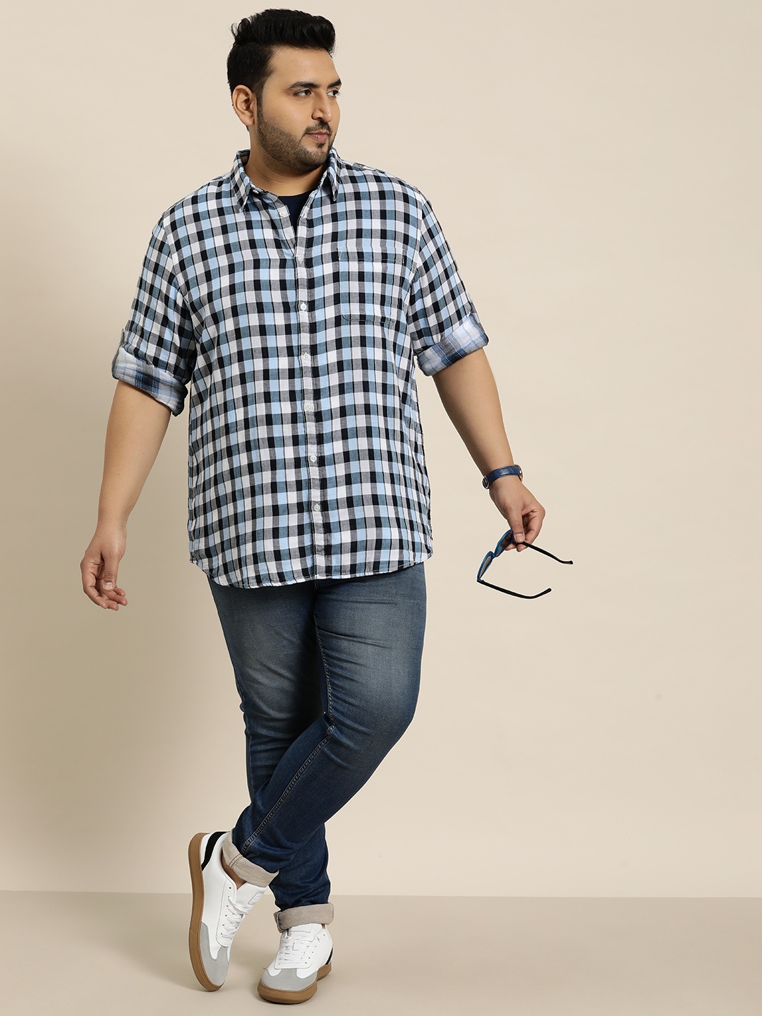 

Sztori Plus Size Pure Cotton Checked Casual Shirt, Blue