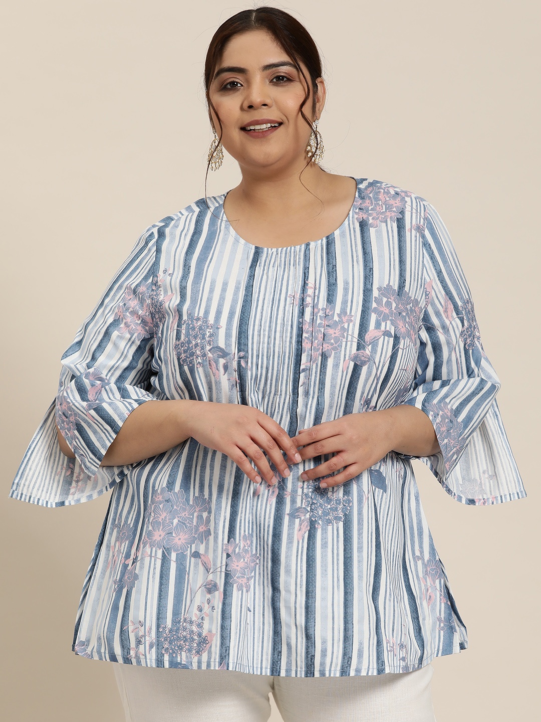 

Sztori Plus Size Floral Printed & Striped Tunic with Side Slits, White