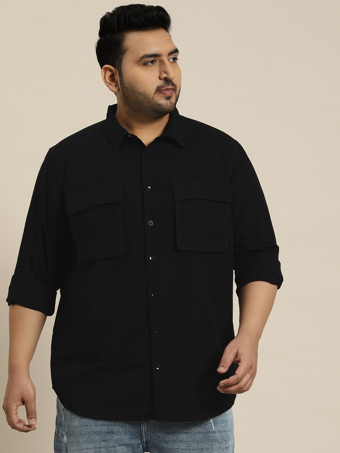

Sztori Plus Size Box Pocket Detail Casual Shirt, Black