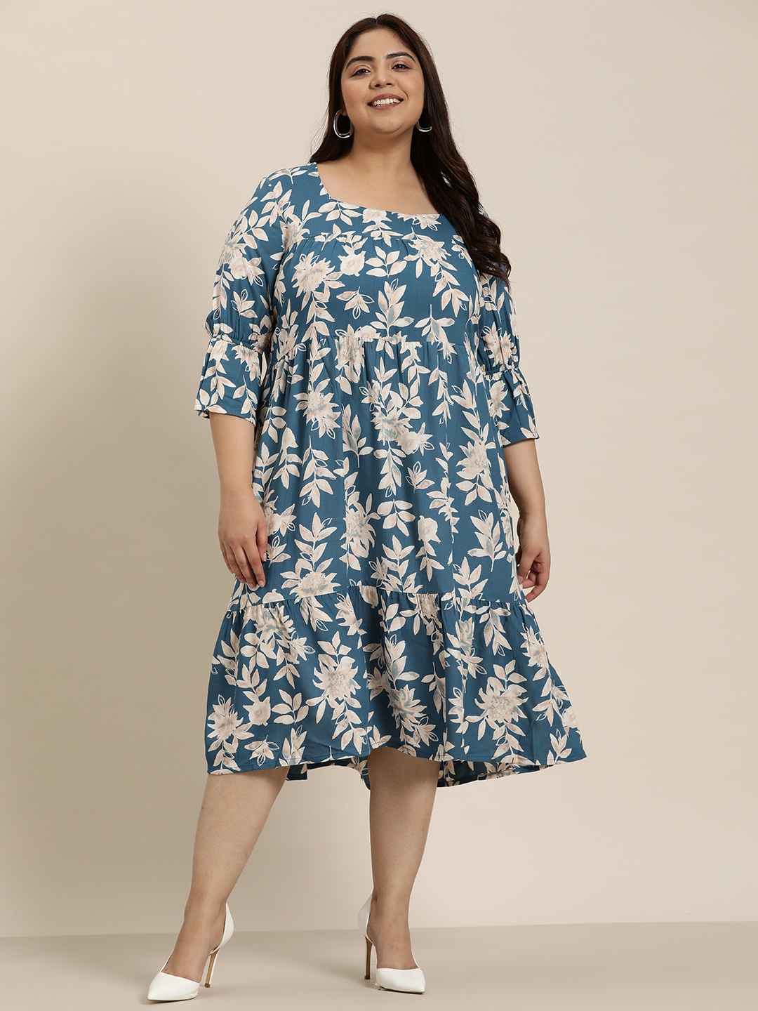 

Sztori Plus Size Floral Printed Gathered Detail Tiered Midi A-Line Dress, Blue