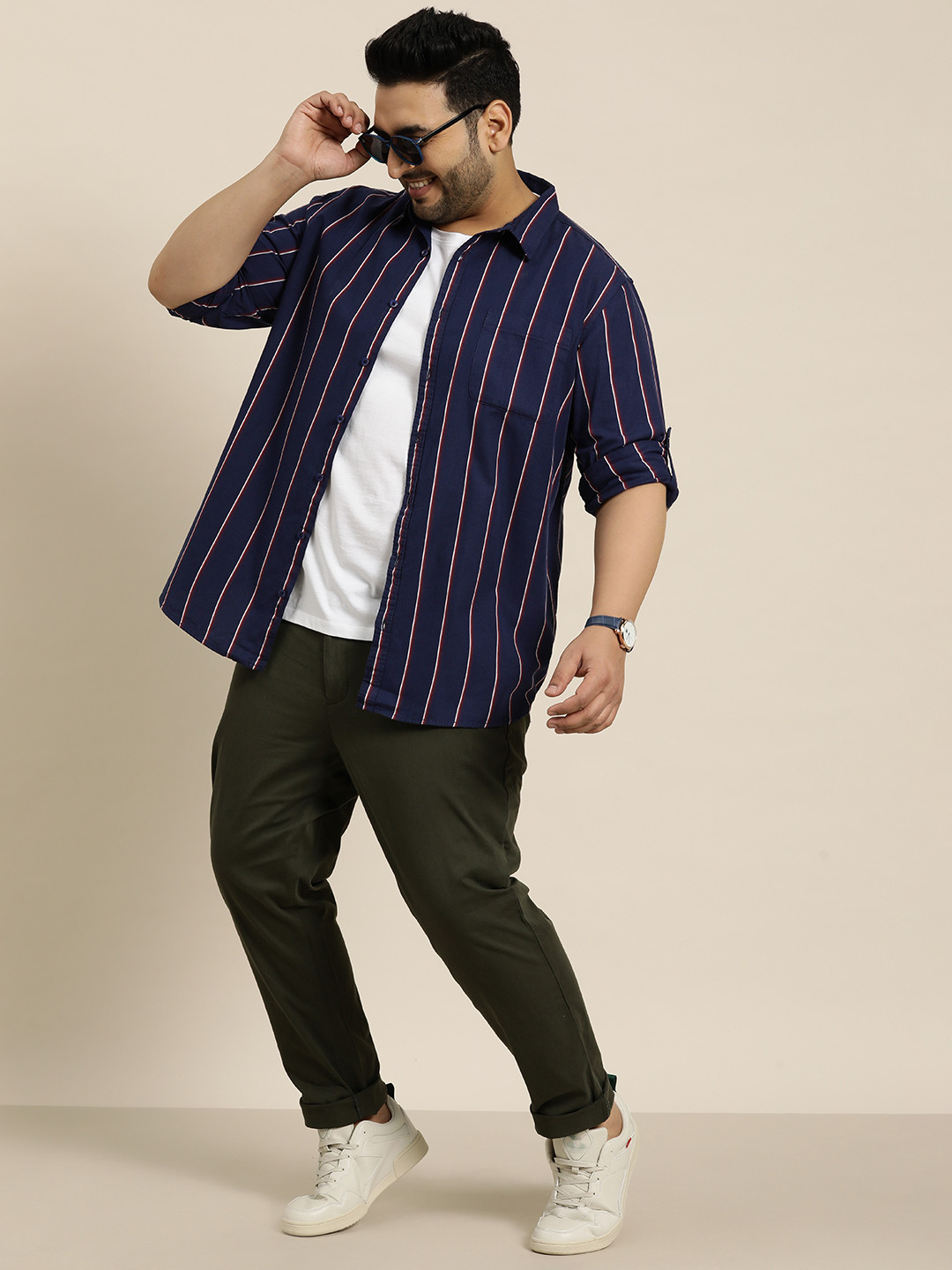 

Sztori Plus Size Pure Cotton Striped Casual Shirt, Navy blue