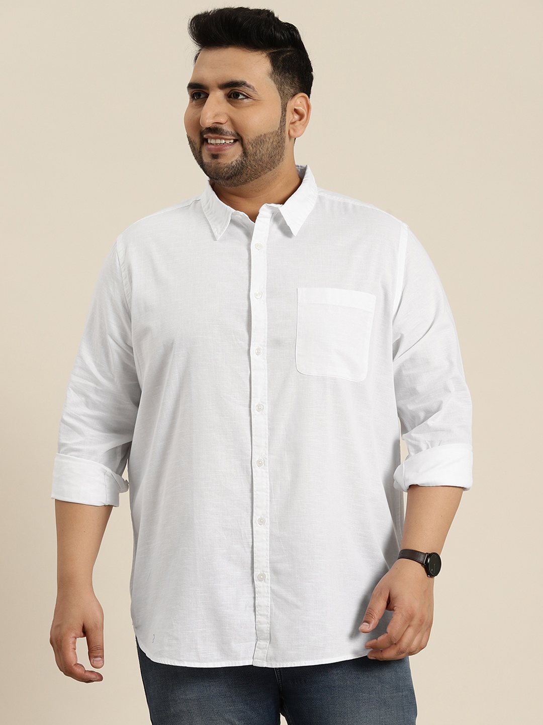 

Sztori Men Plus Size Pure Cotton Solid Casual Shirt, White
